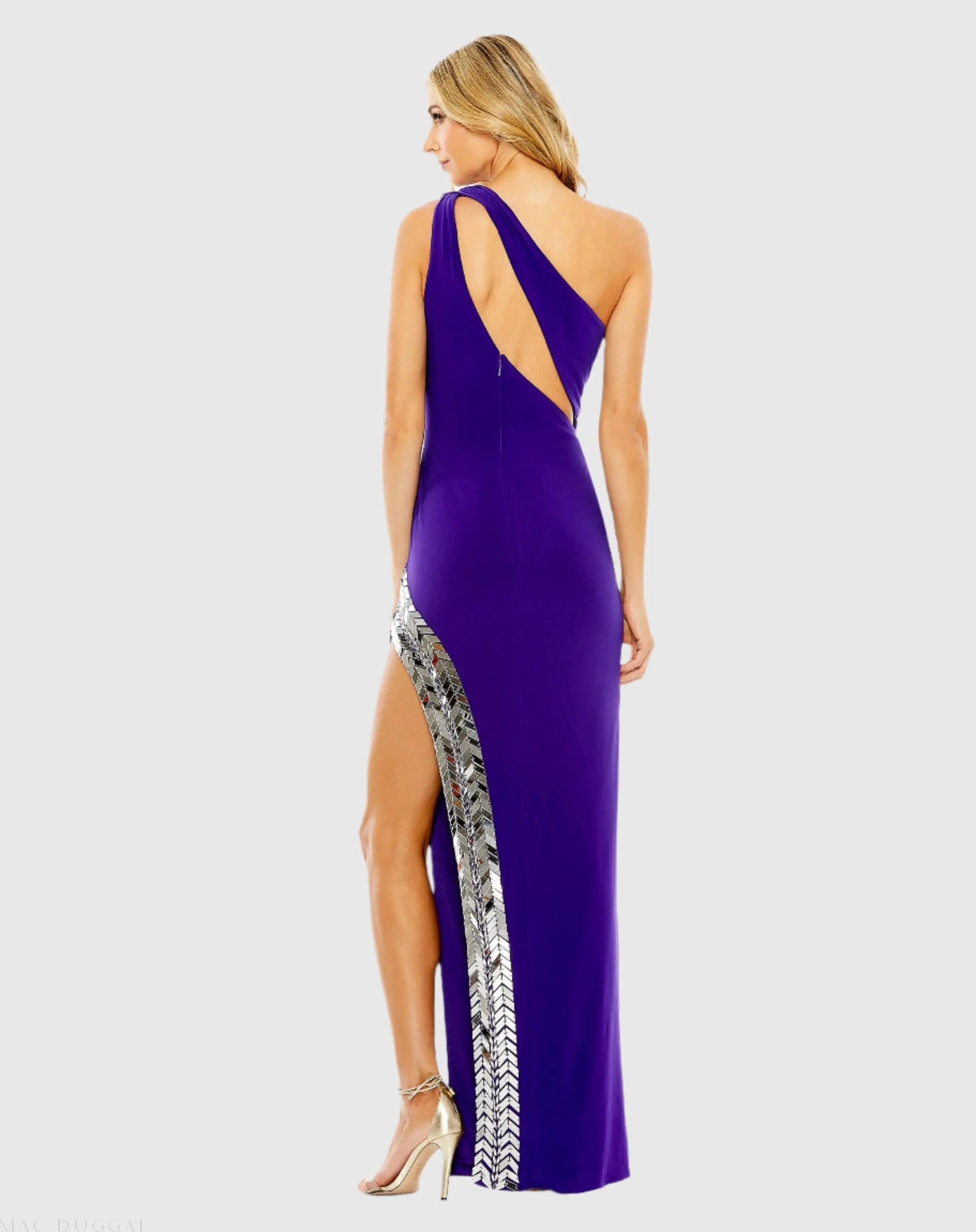 Purple One Shoulder Cut Out Mirror Sequin High Slit Gown-Myartka