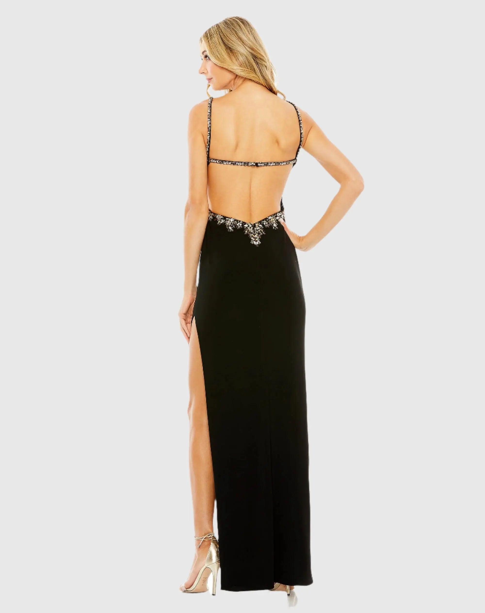 Black Embellished Ruched Open Back Column Gown-Myartka