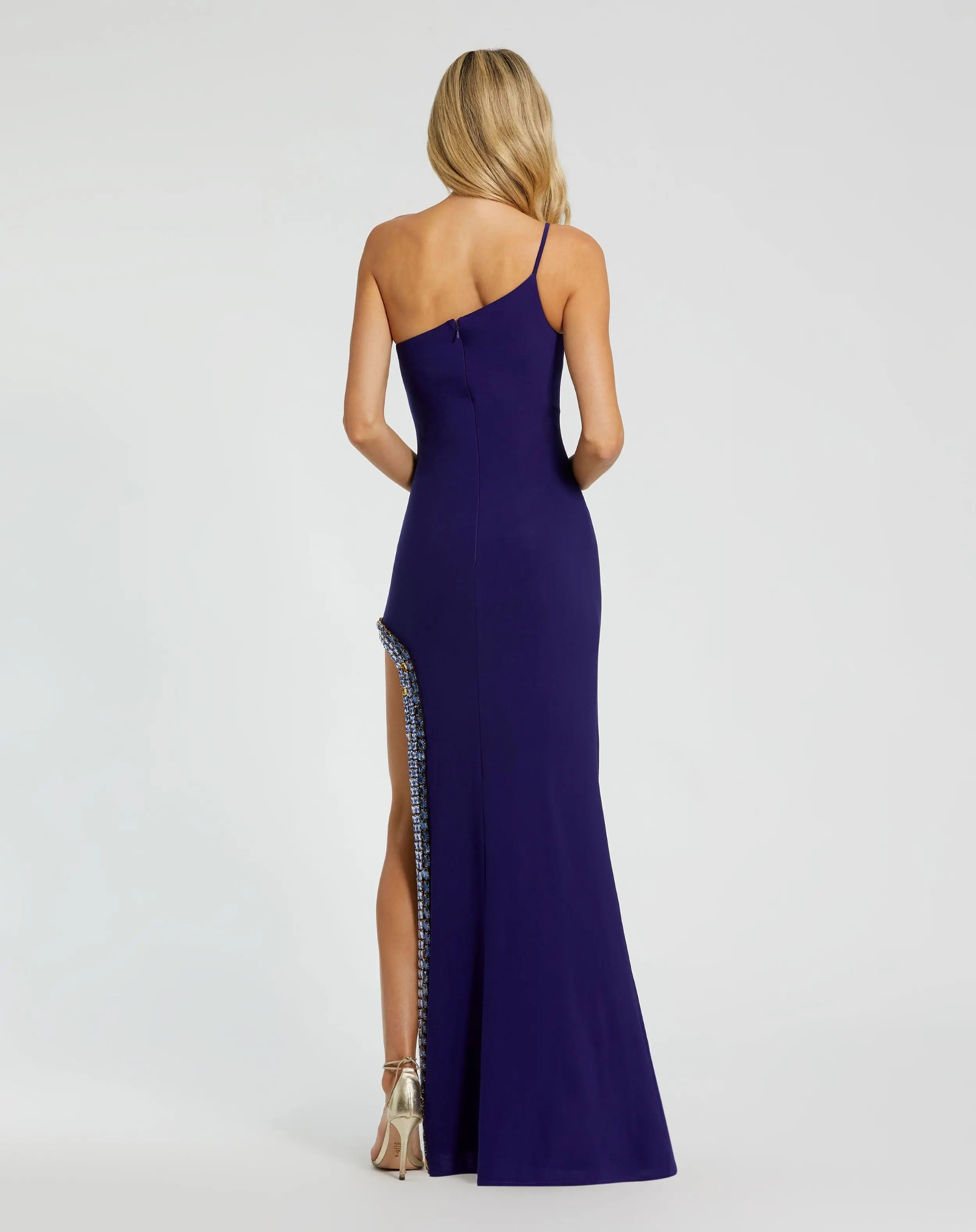 Blue One Shoulder Gown with Embellished Slit-Myartka