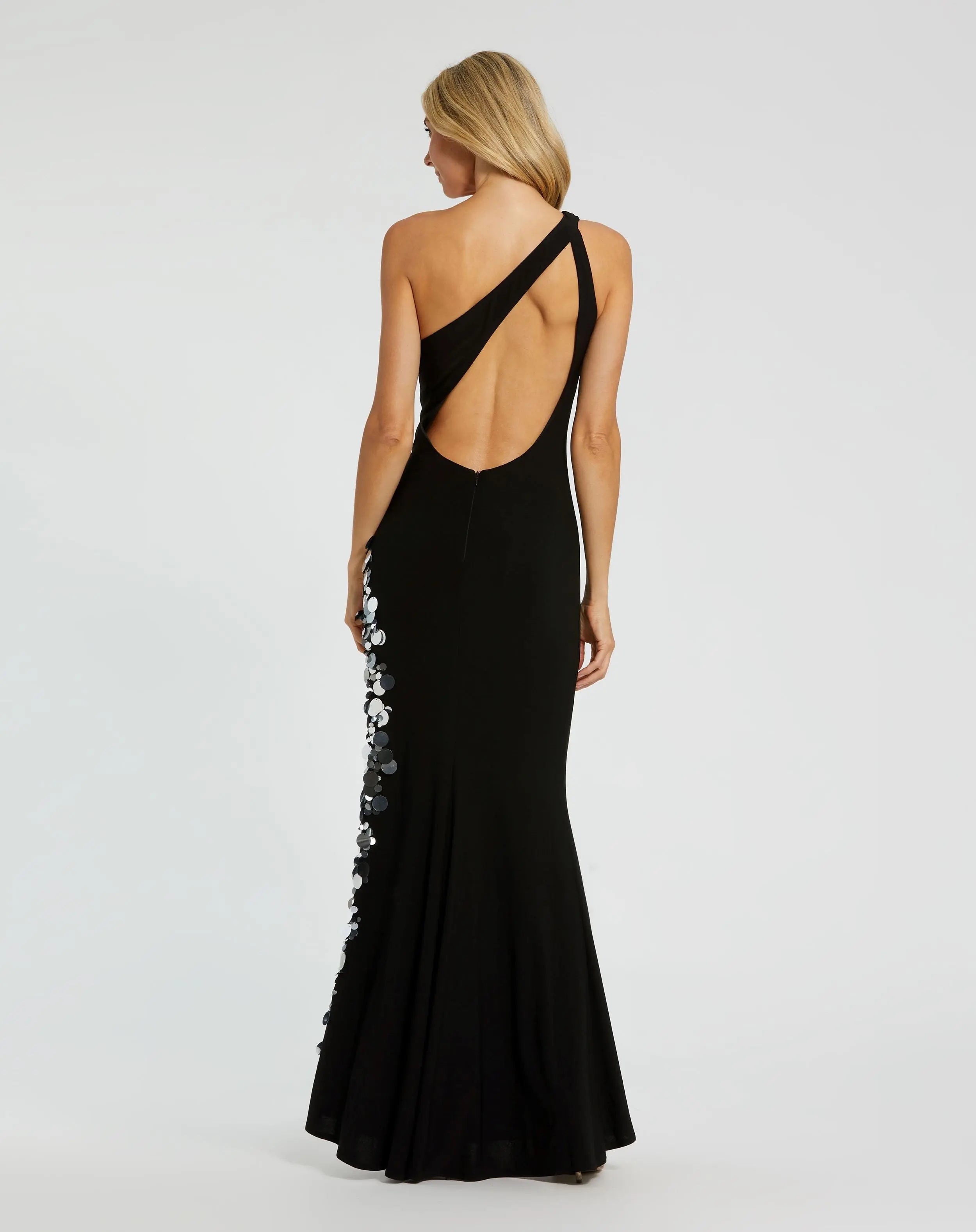 Black One Shoulder Keyhole Gown with Embellished Slit-Myartka
