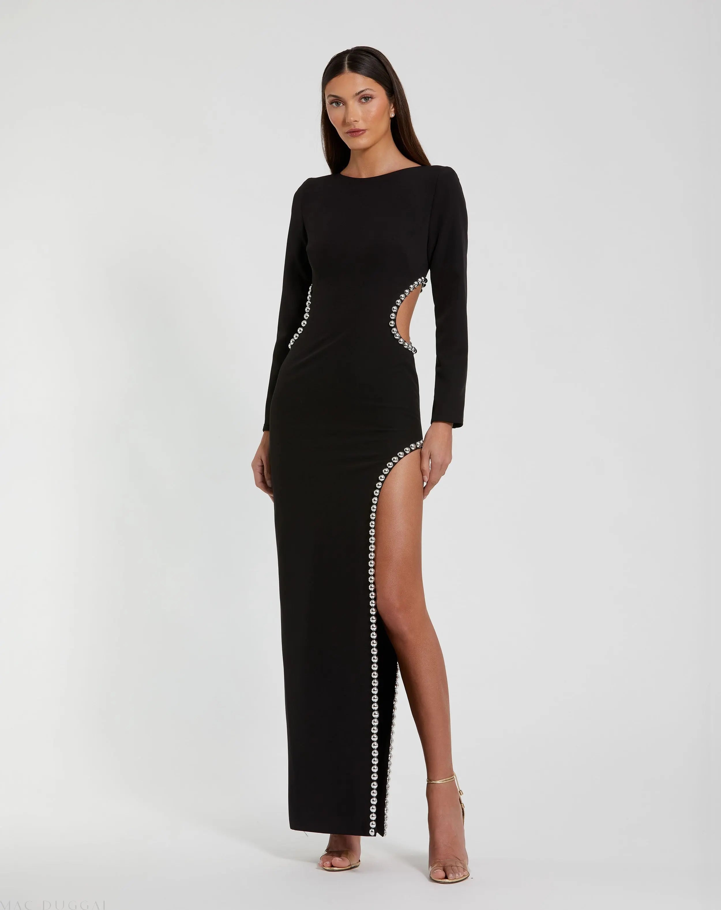 Black Crepe Long Sleeve Gown With Beaded Cut Outs-Myartka