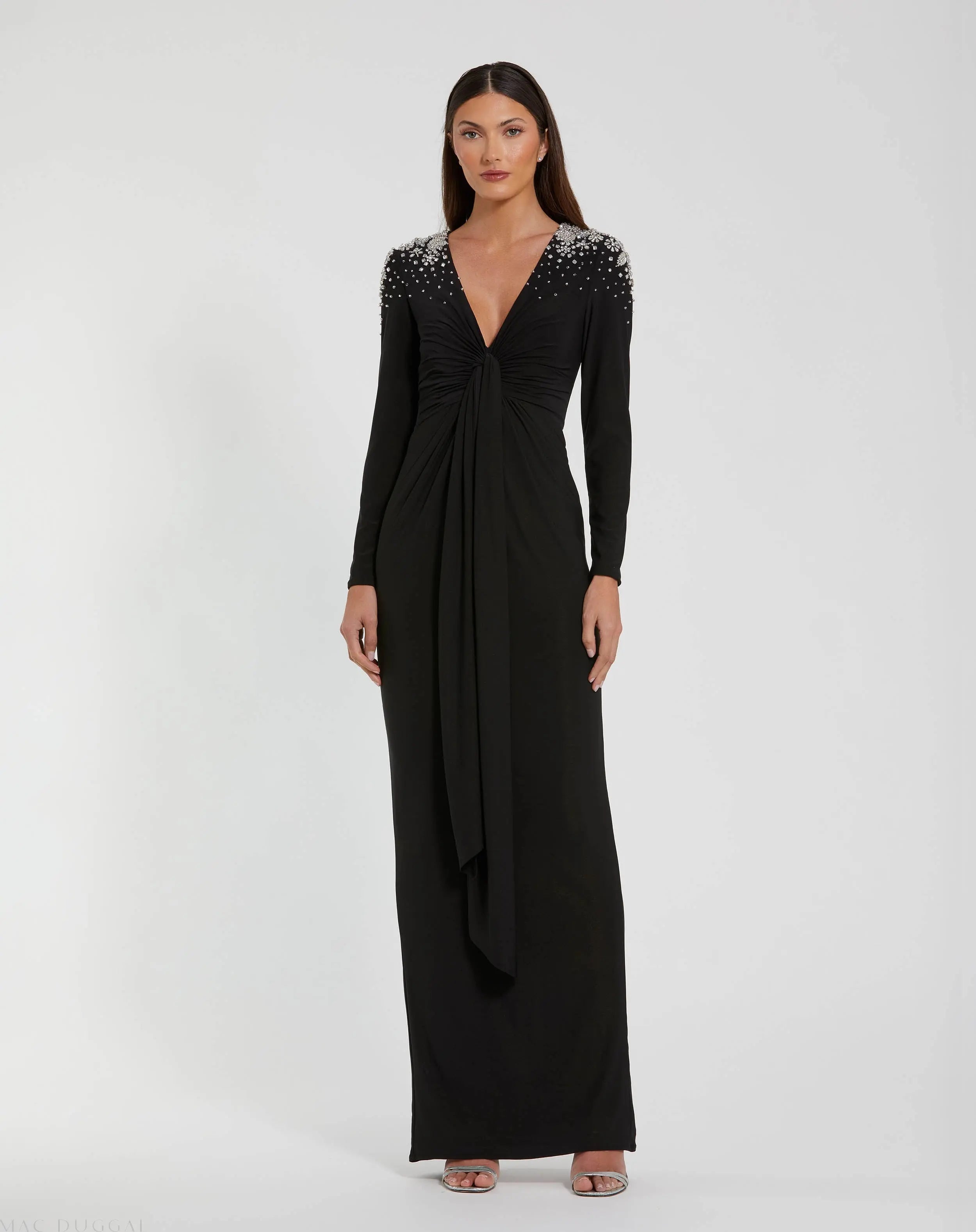 Black Jersey V Neck Faux Knot Gown With Beaded Shoulders-Myartka
