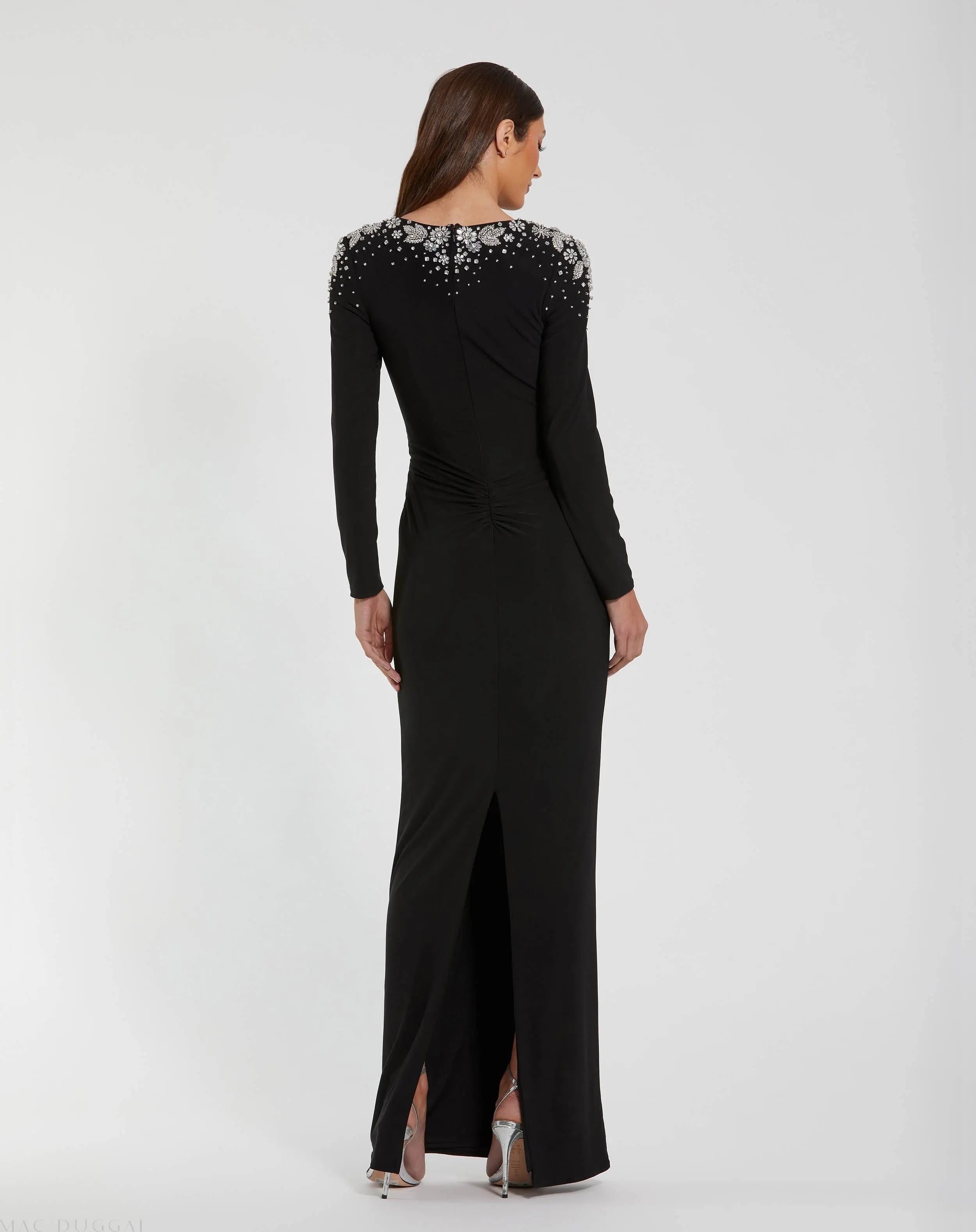 Black Jersey V Neck Faux Knot Gown With Beaded Shoulders-Myartka