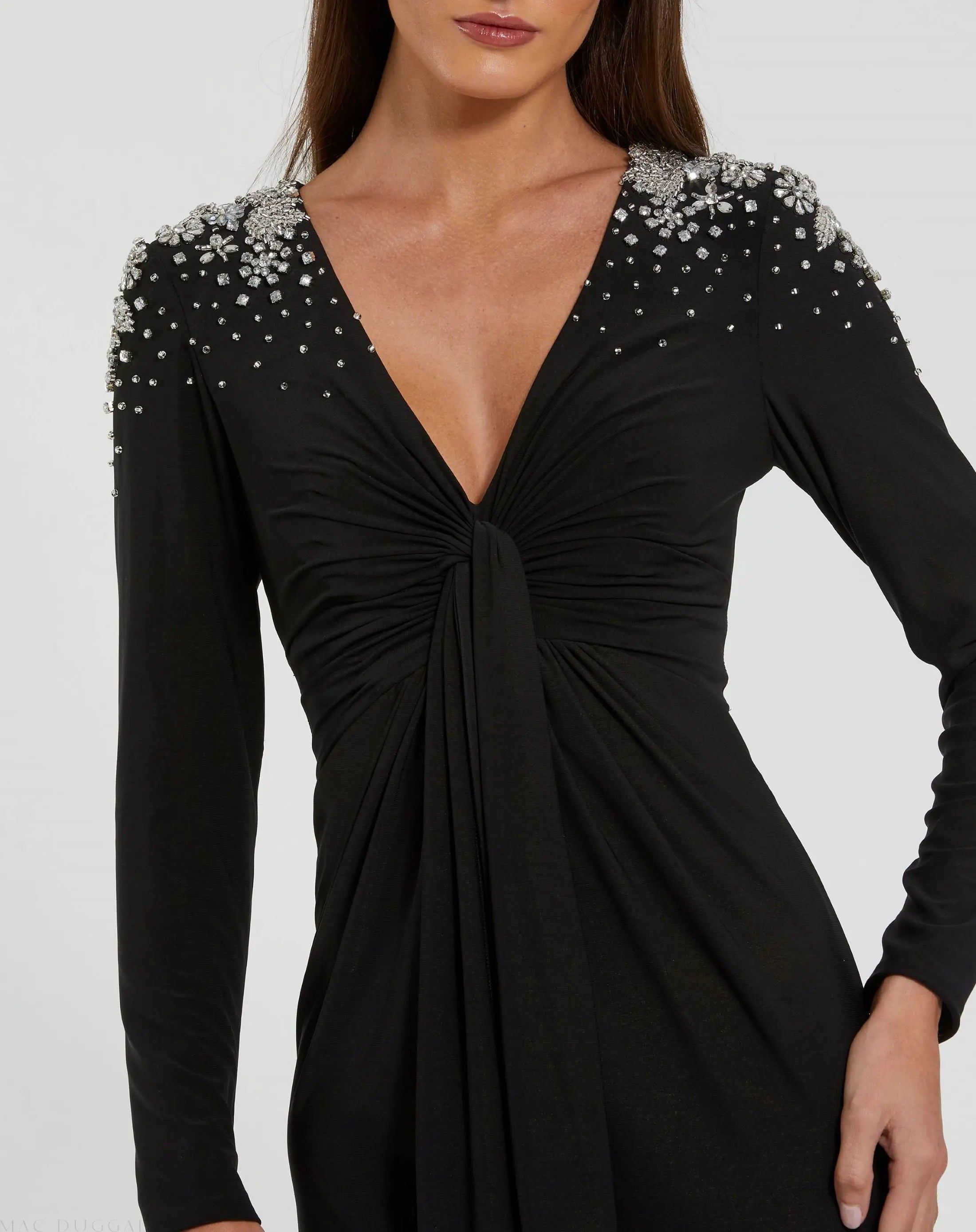 Black Jersey V Neck Faux Knot Gown With Beaded Shoulders-Myartka