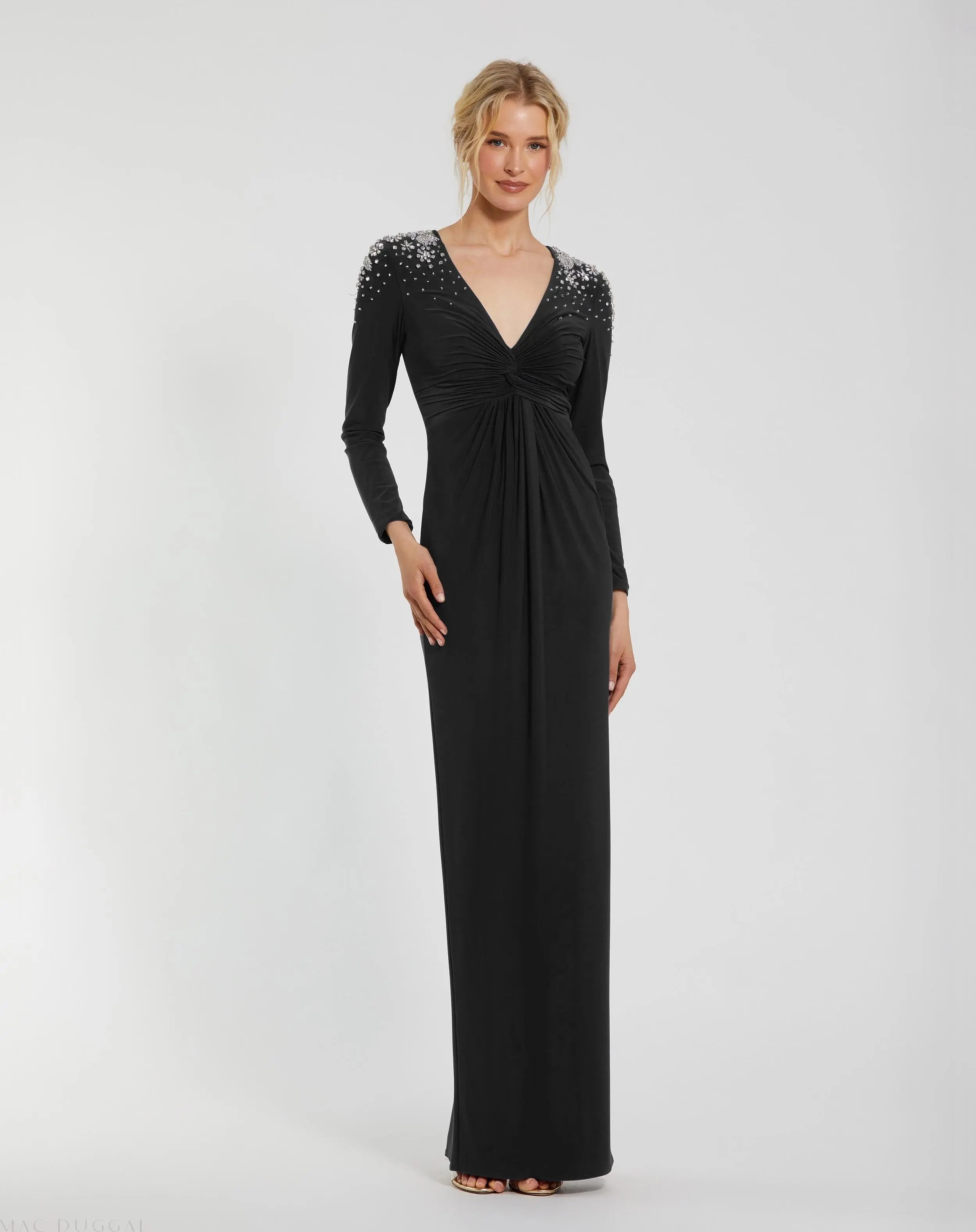 Black Jersey V Neck Faux Knot Gown With Beaded Shoulders-Myartka