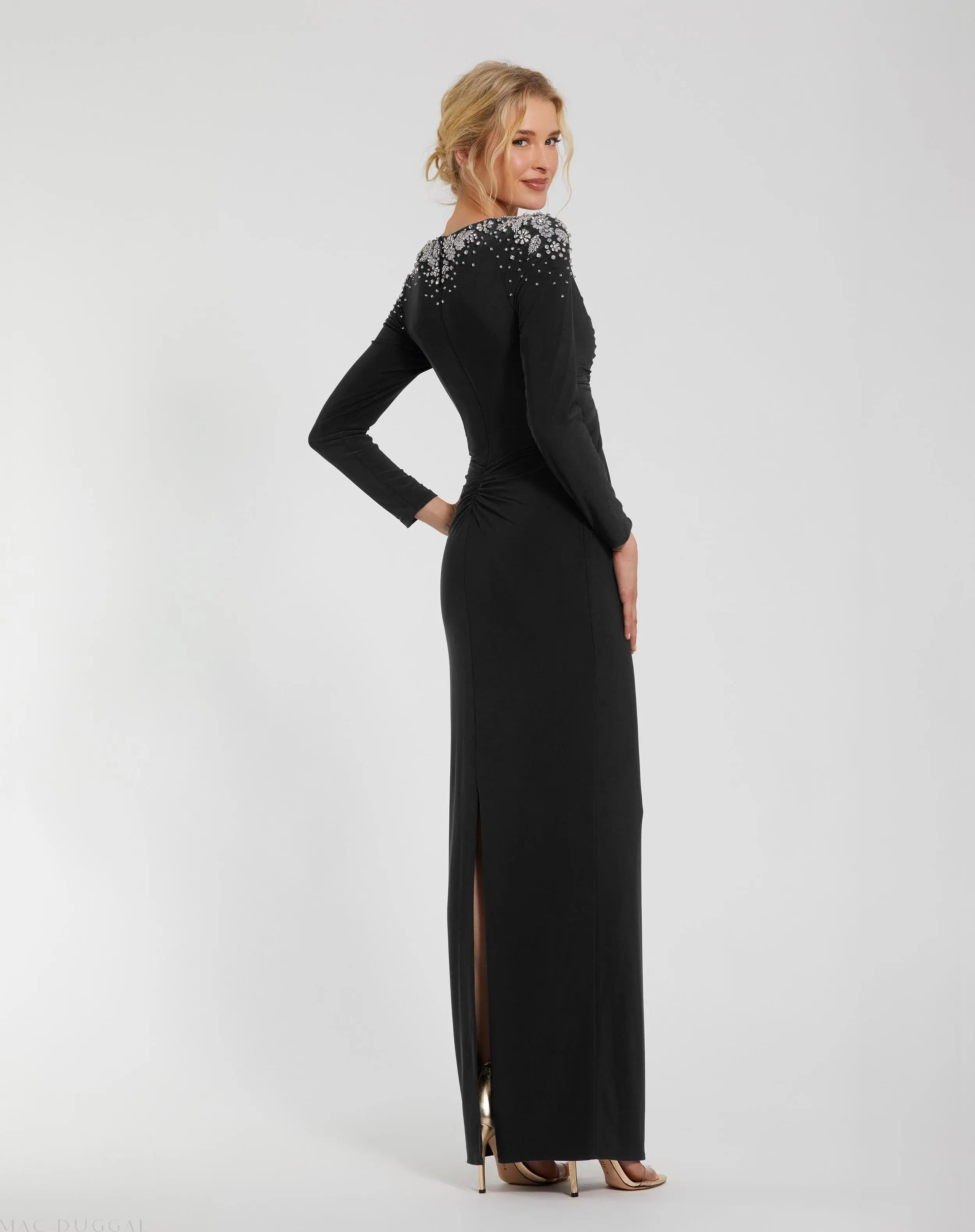 Black Jersey V Neck Faux Knot Gown With Beaded Shoulders-Myartka