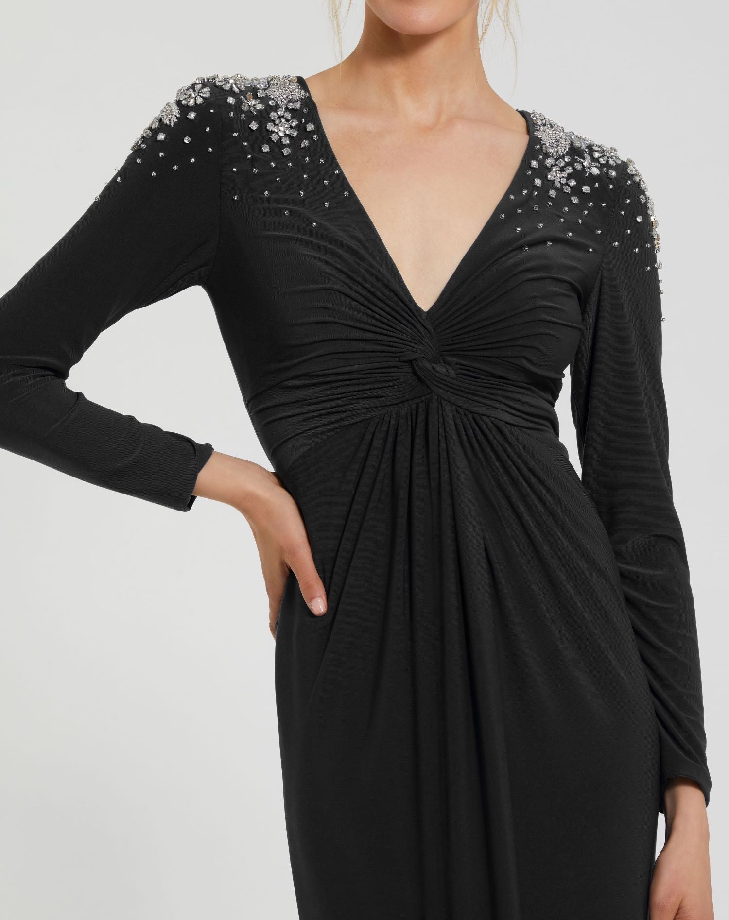 Black Jersey V Neck Faux Knot Gown With Beaded Shoulders-Myartka