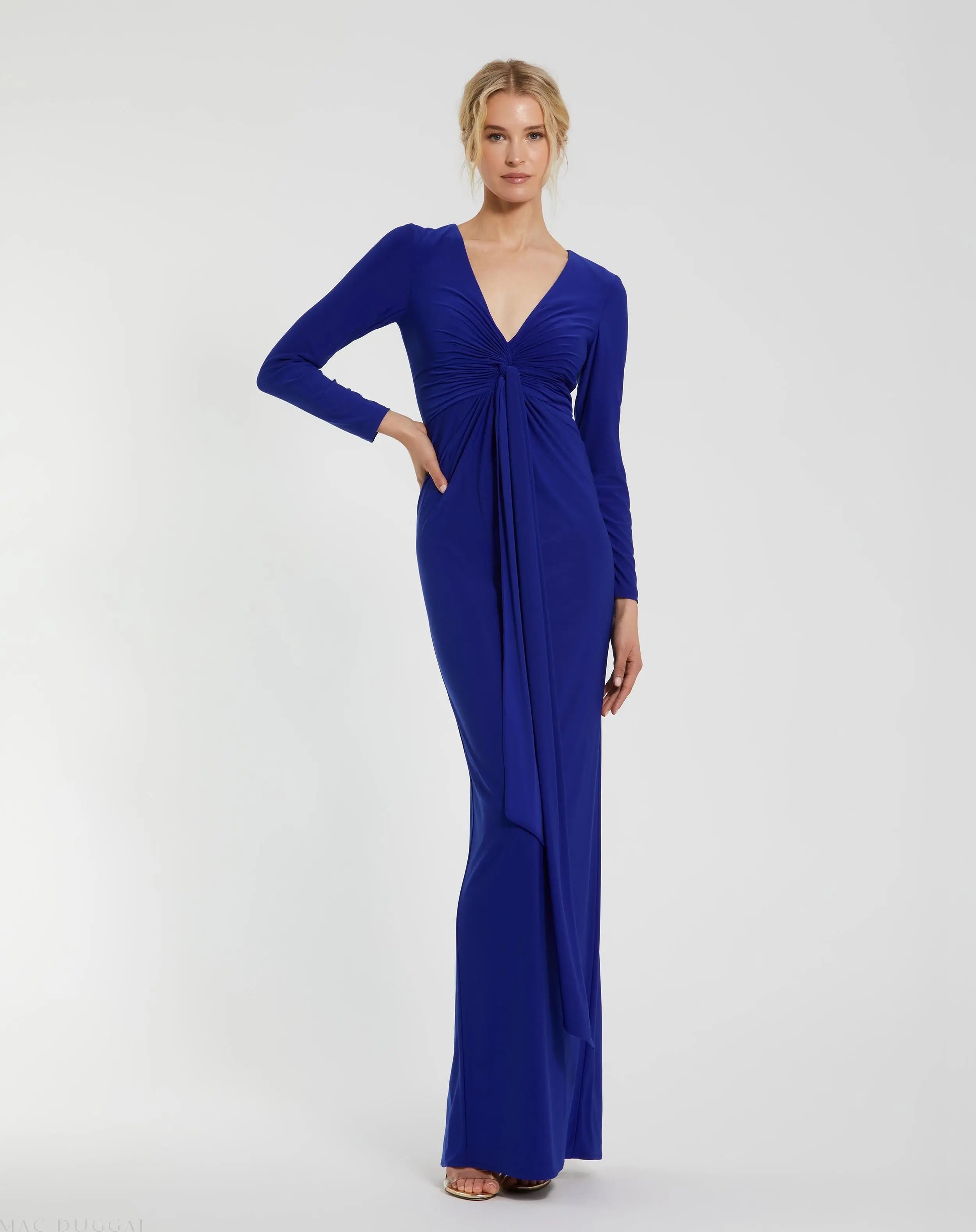 Blue Long Sleeve Jersey V Neck Twist Knot Gown-Myartka