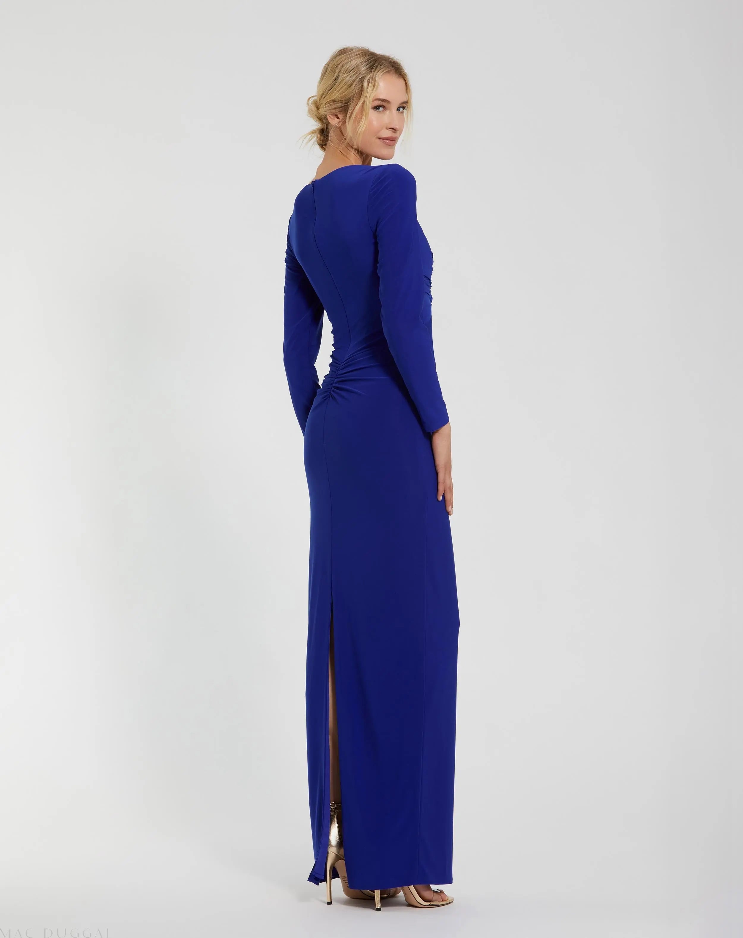 Blue Long Sleeve Jersey V Neck Twist Knot Gown-Myartka