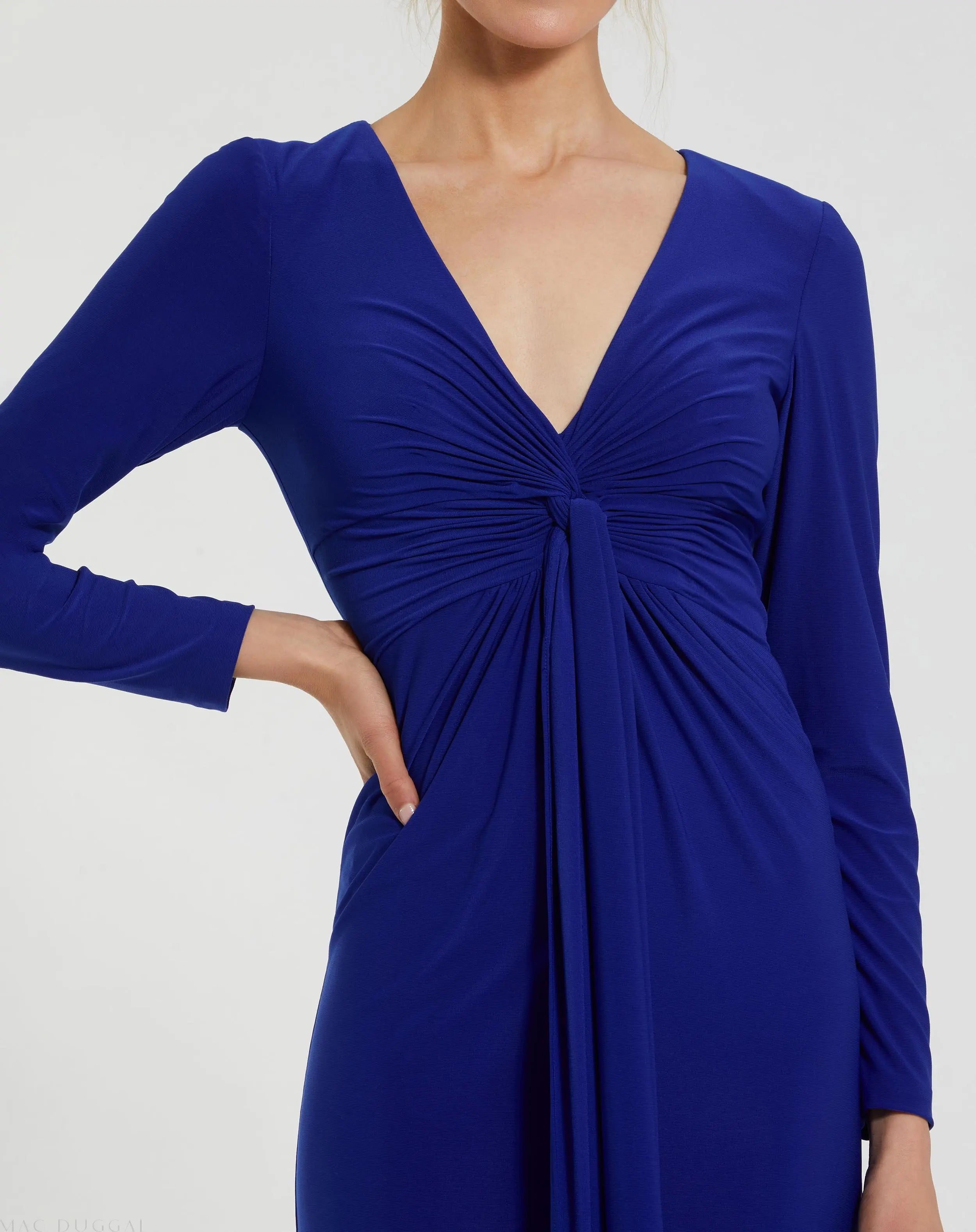 Blue Long Sleeve Jersey V Neck Twist Knot Gown-Myartka