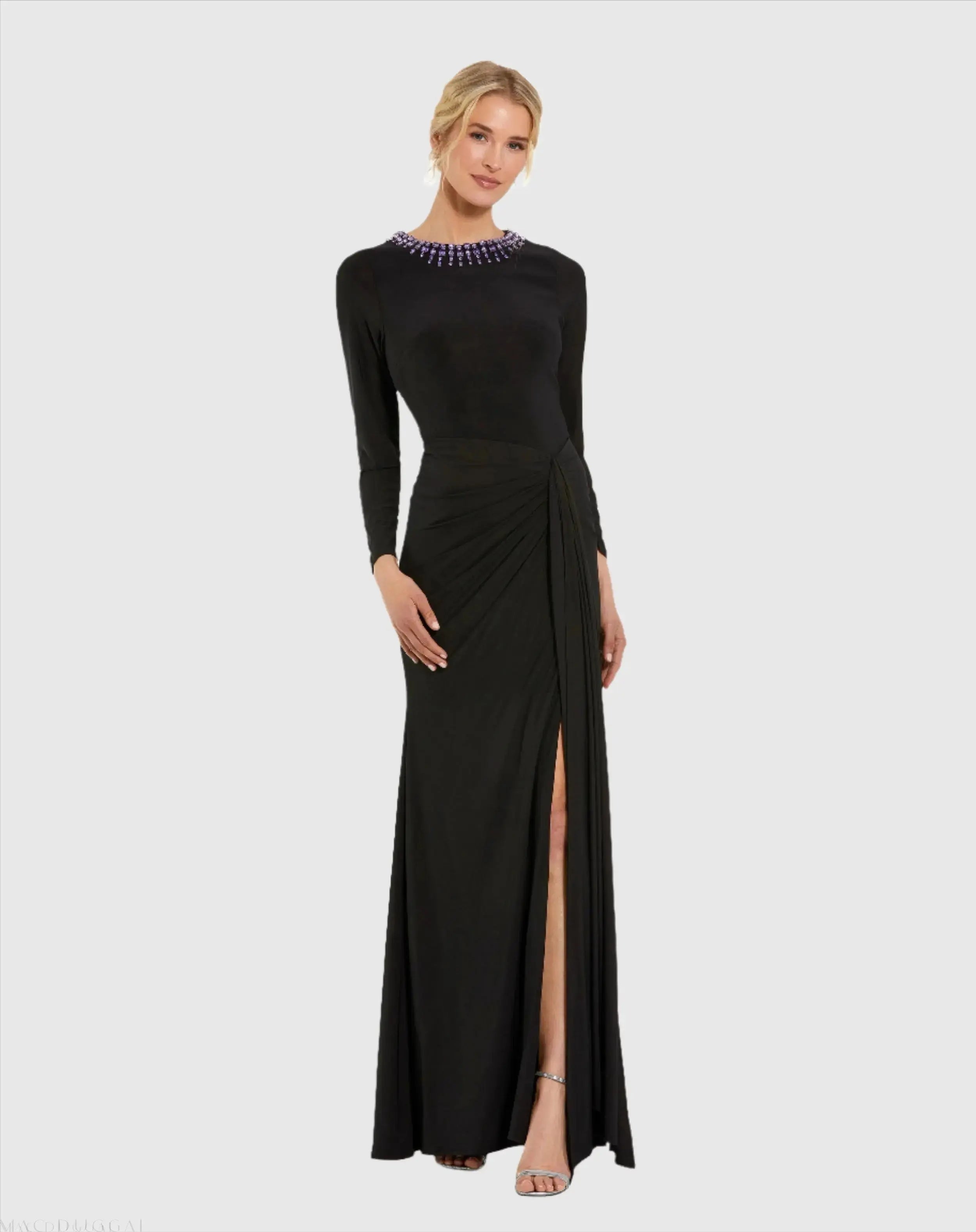 Black Long Sleeve Jersey Ruched Gown With Beaded Neck-Myartka