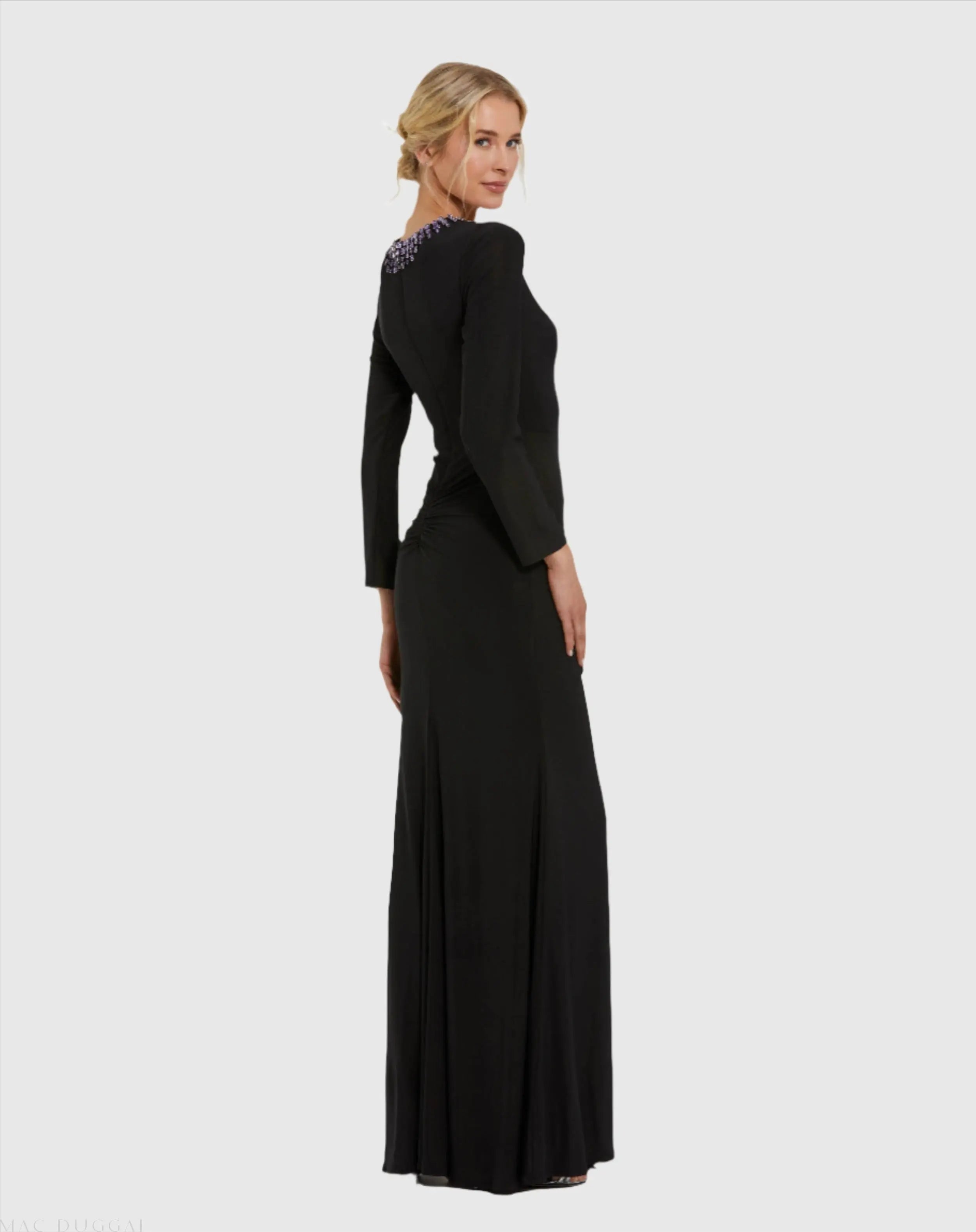 Black Long Sleeve Jersey Ruched Gown With Beaded Neck-Myartka
