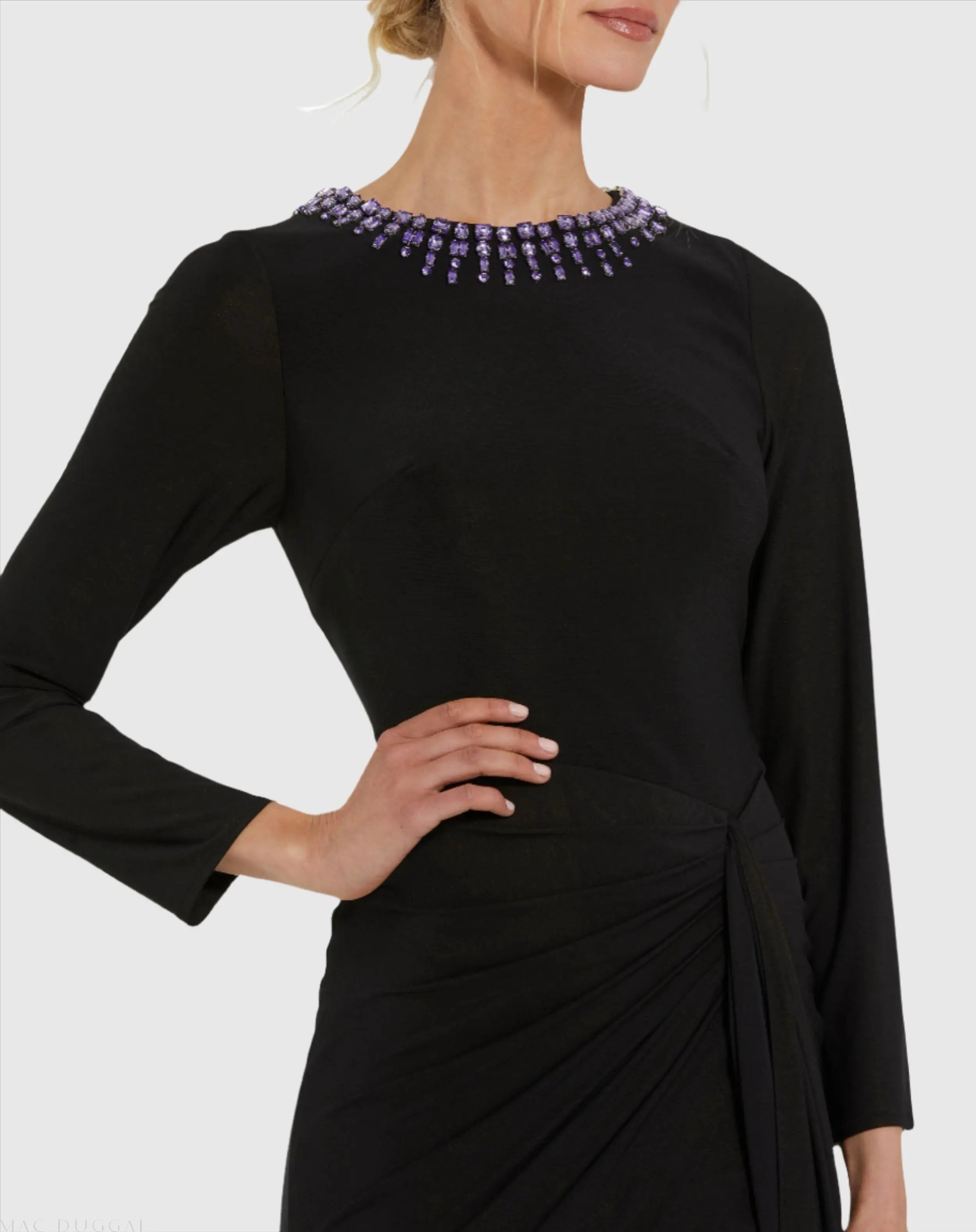 Black Long Sleeve Jersey Ruched Gown With Beaded Neck-Myartka