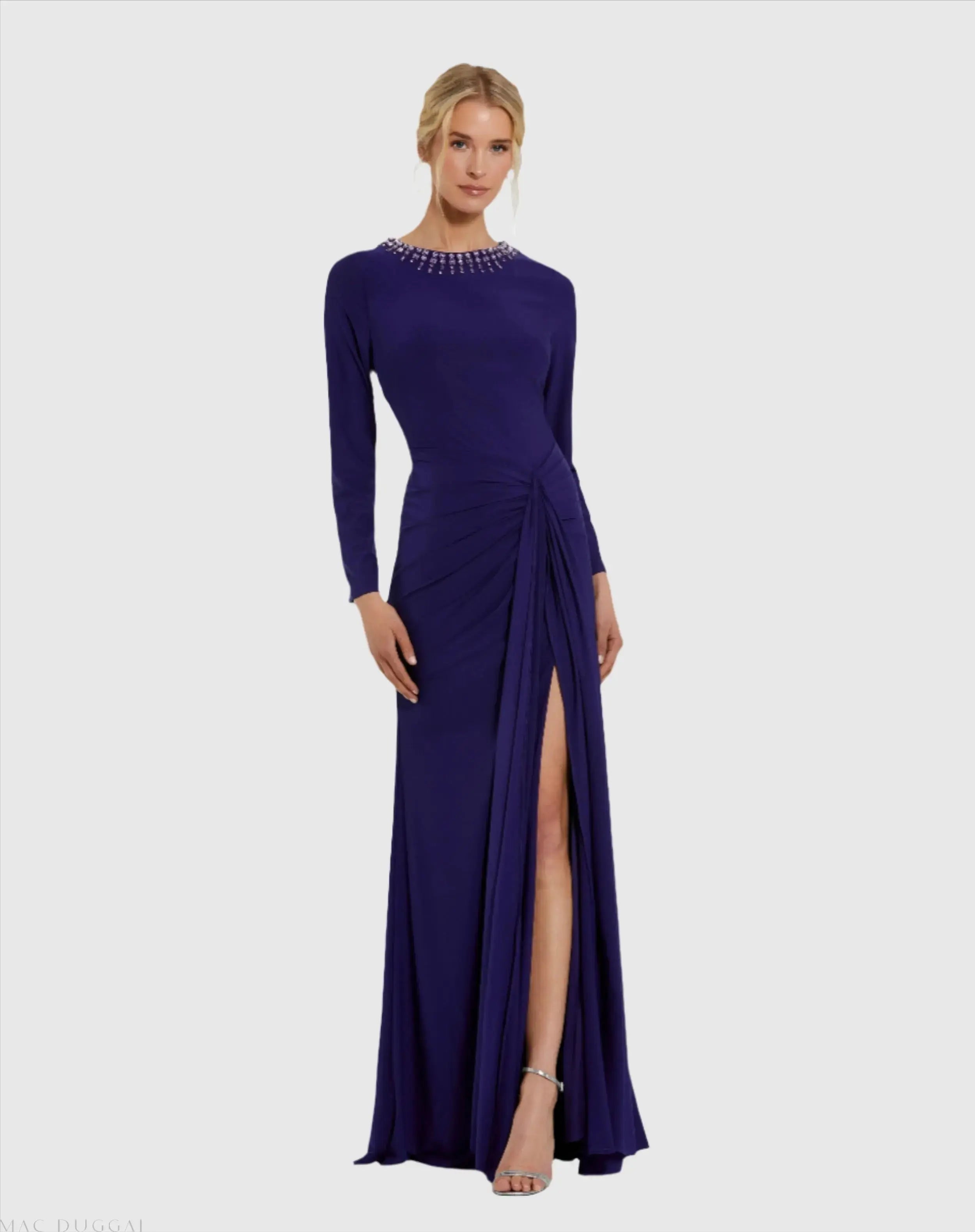 Purple Long Sleeve Jersey Ruched Gown With Beaded Neck-Myartka