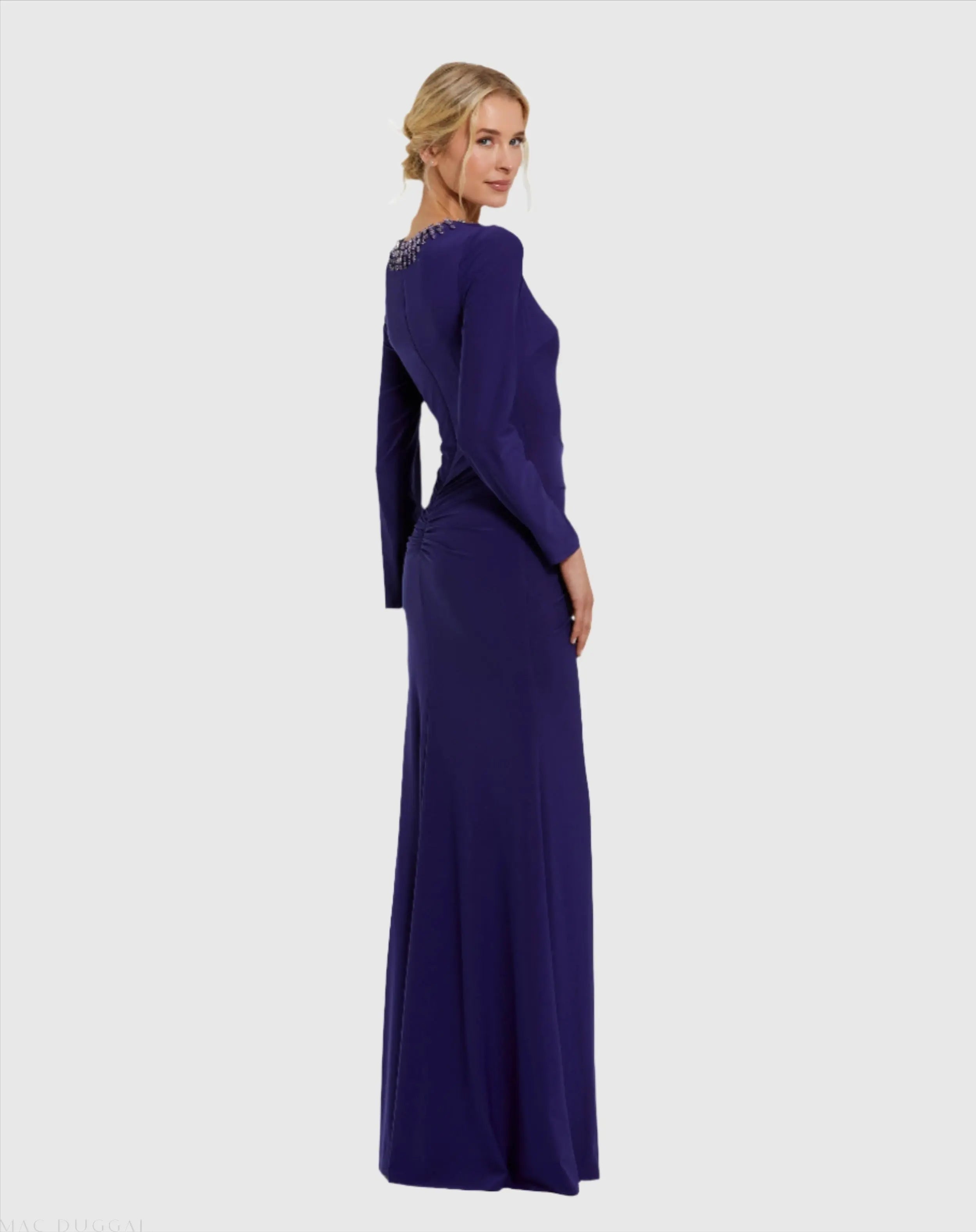 Purple Long Sleeve Jersey Ruched Gown With Beaded Neck-Myartka