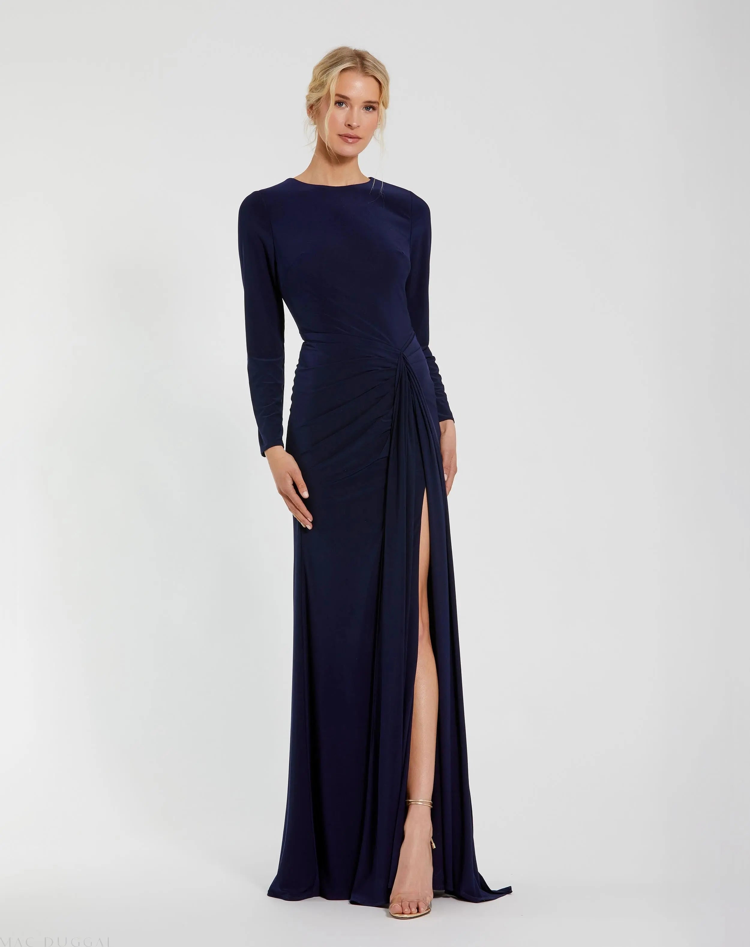 Navy Long Sleeve Fitted Jersey Gown With Ruched Waist-Myartka