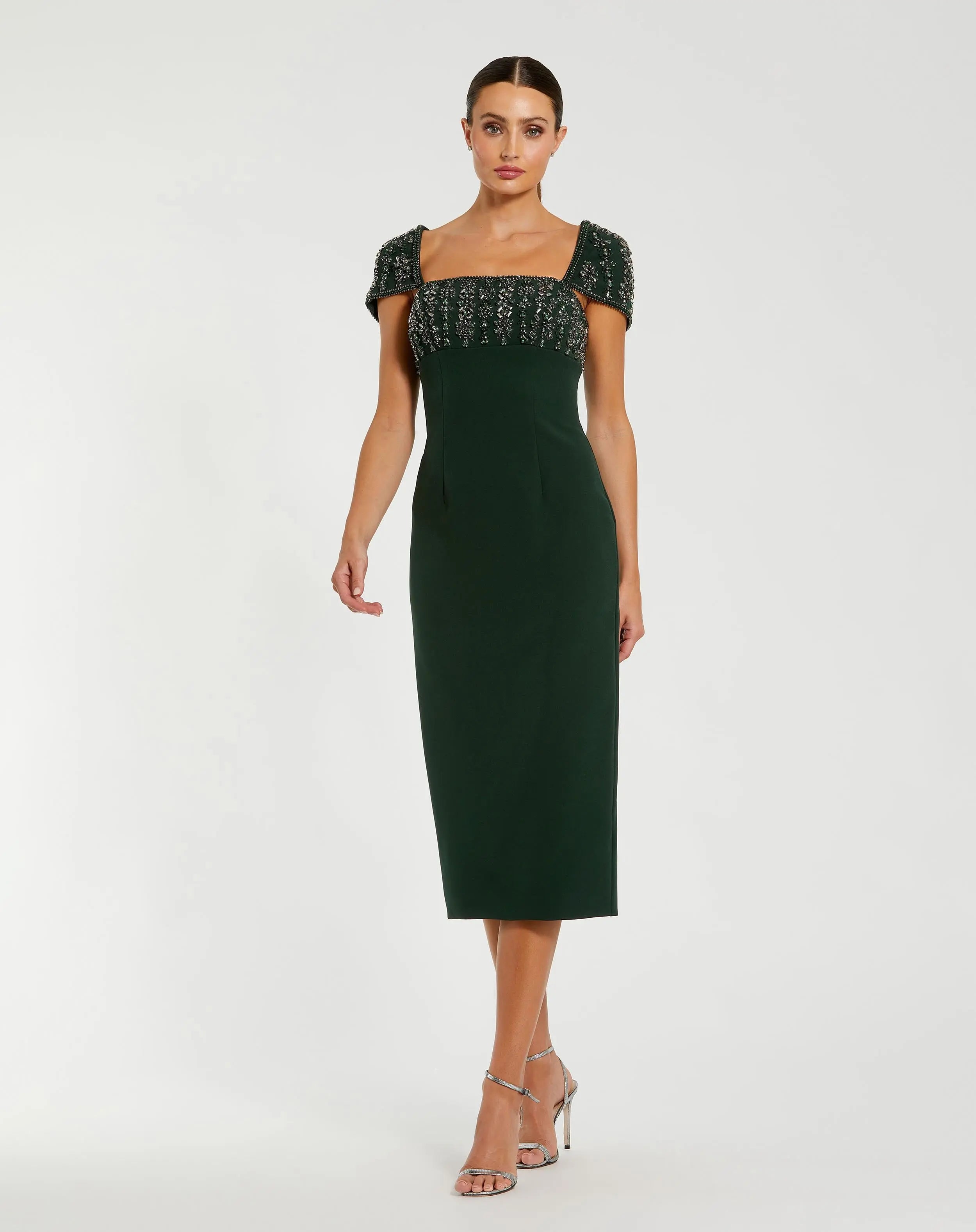 Green Embellished Cap Sleeve Crepe Midi Dress-Myartka