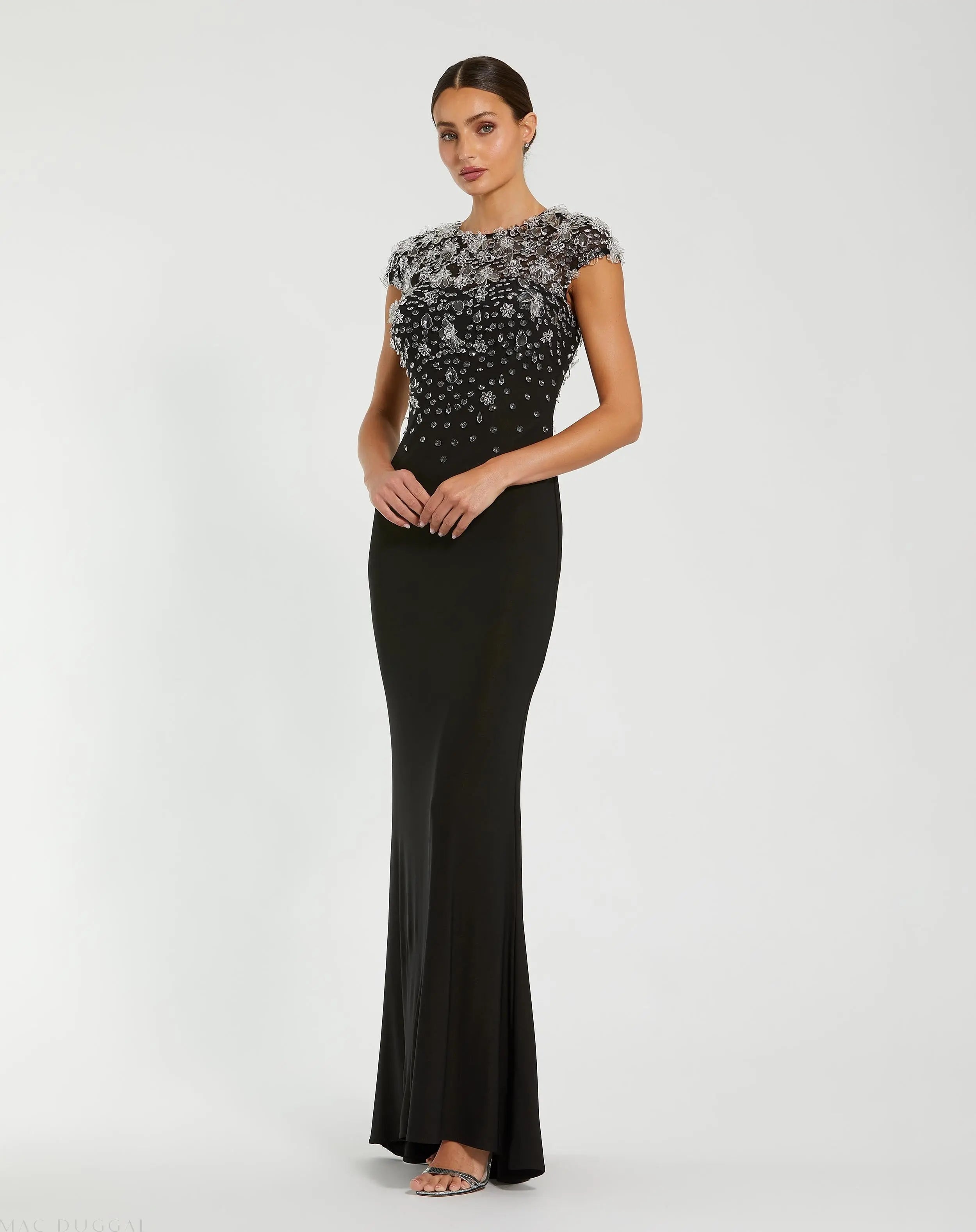 Black Crystal Embellished Jersey Fitted Cap Sleeve Gown-Myartka
