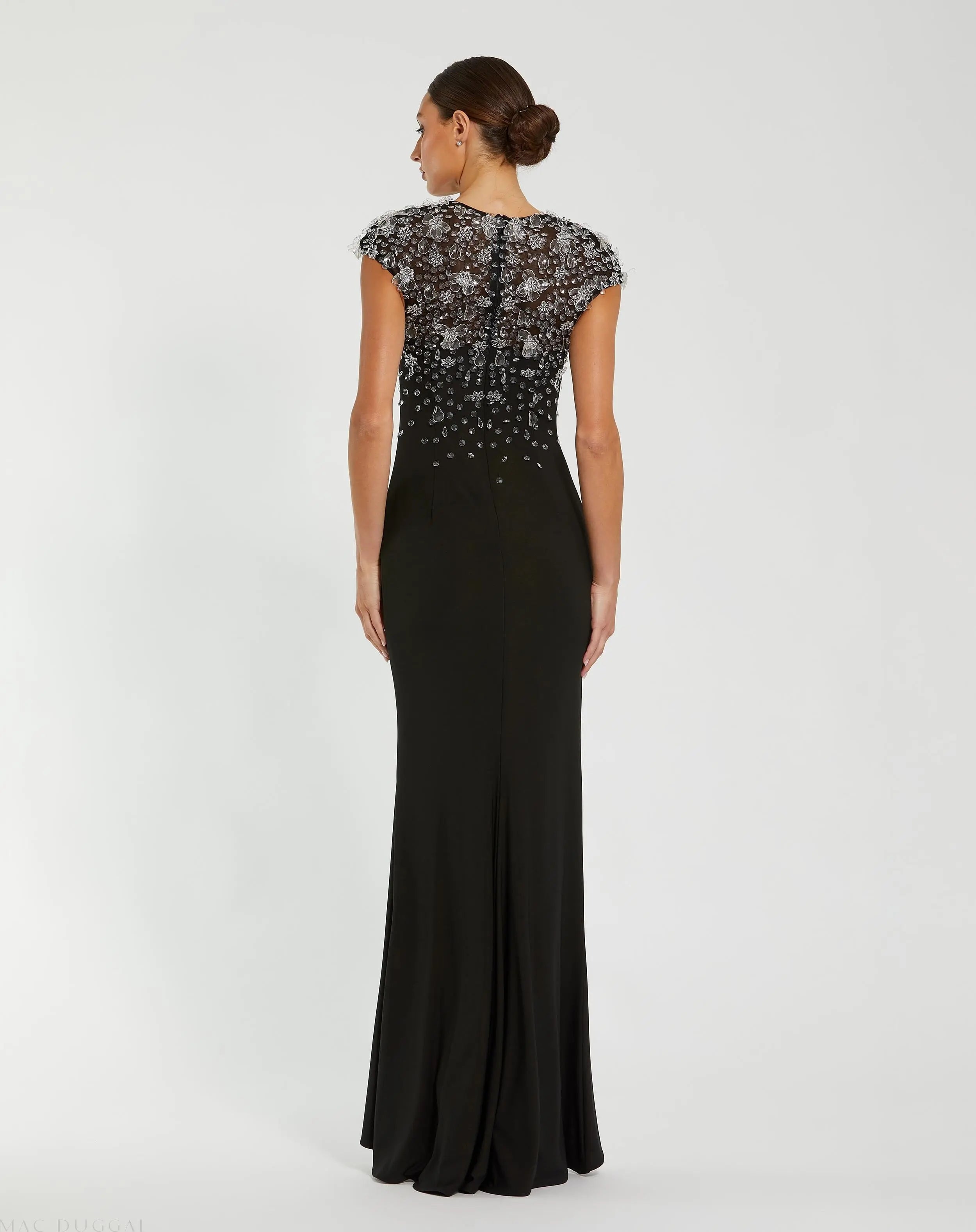 Black Crystal Embellished Jersey Fitted Cap Sleeve Gown-Myartka
