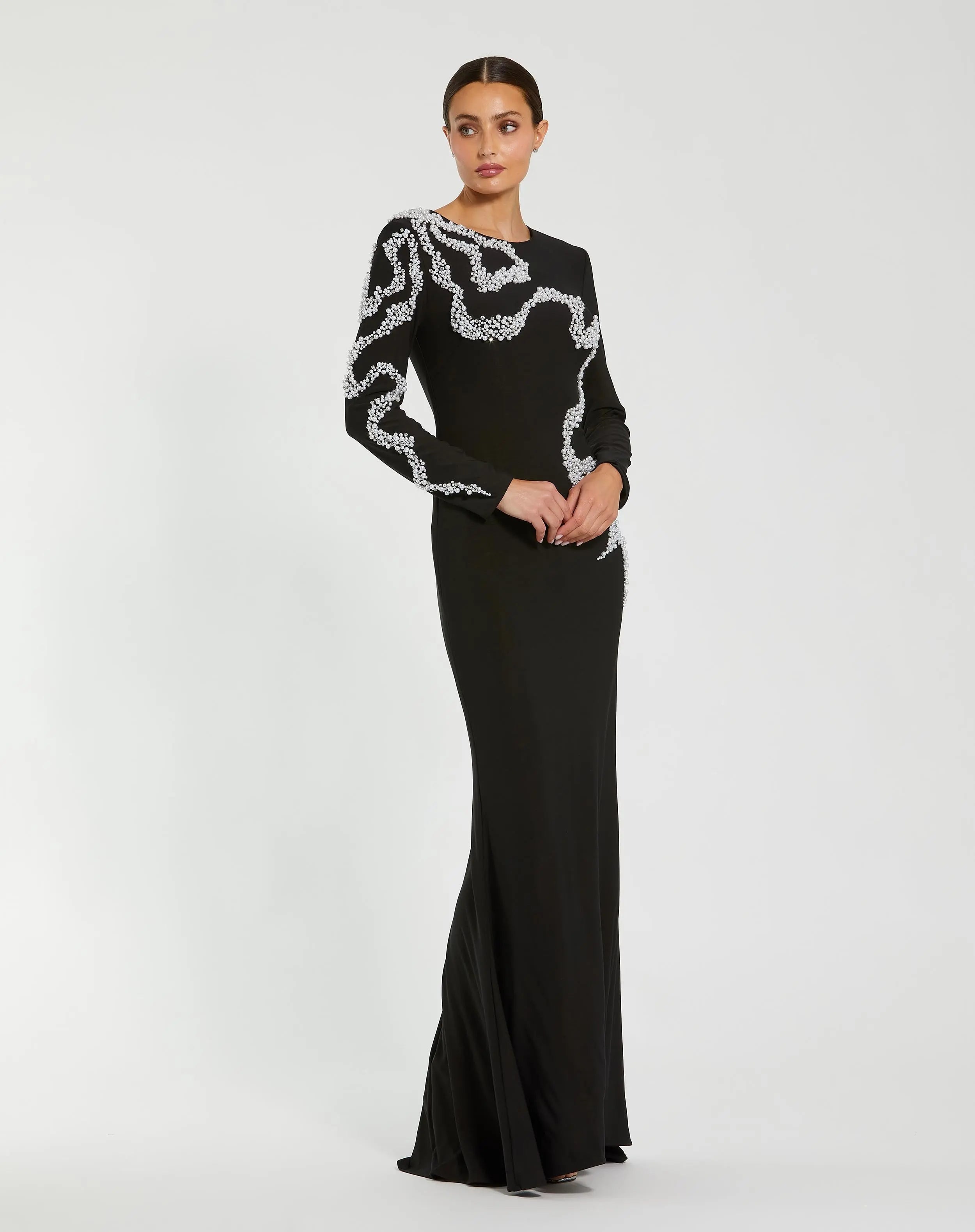 Black Jersey Evening Gown with Beaded Swirl Detail-Myartka