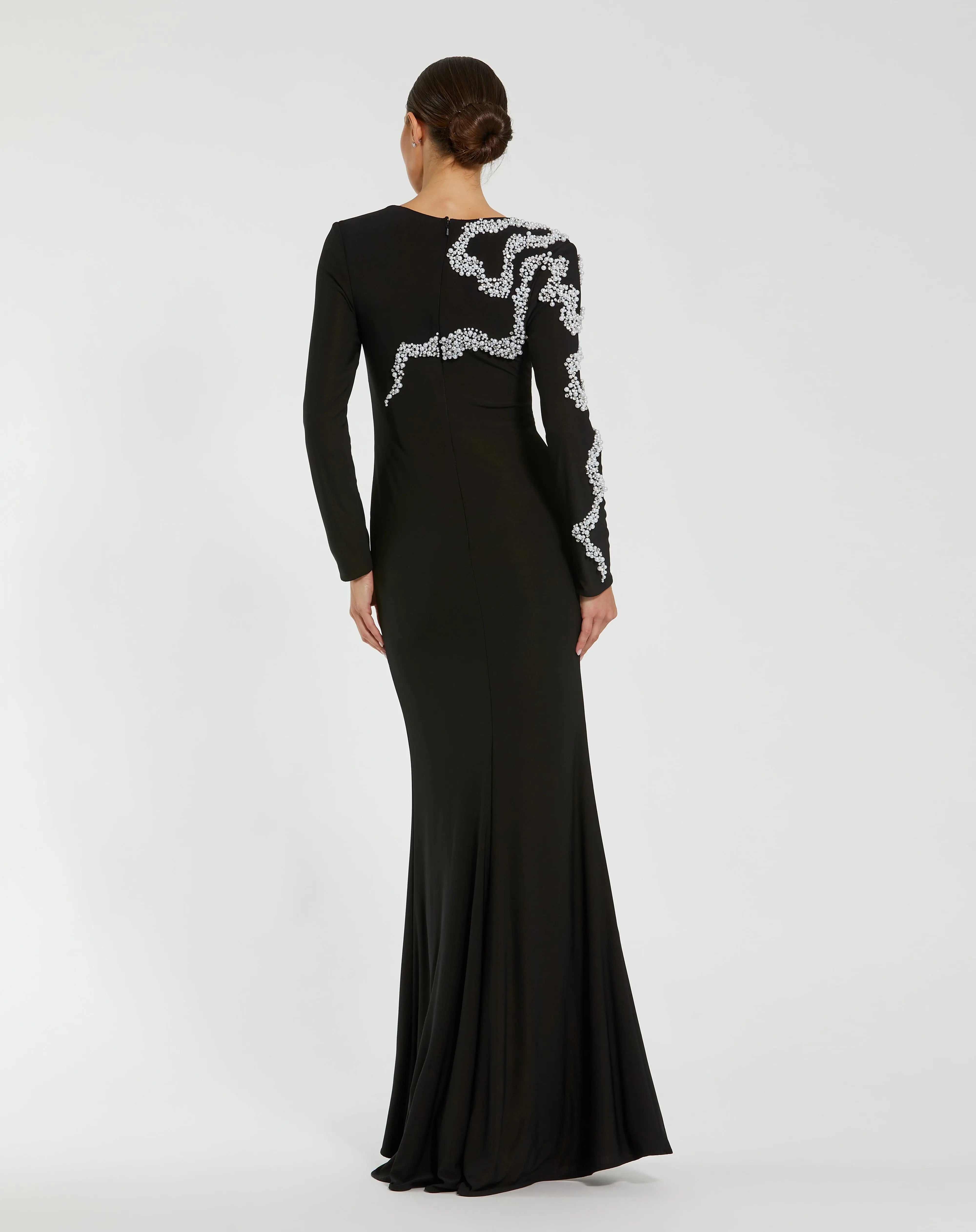 Black Jersey Evening Gown with Beaded Swirl Detail-Myartka