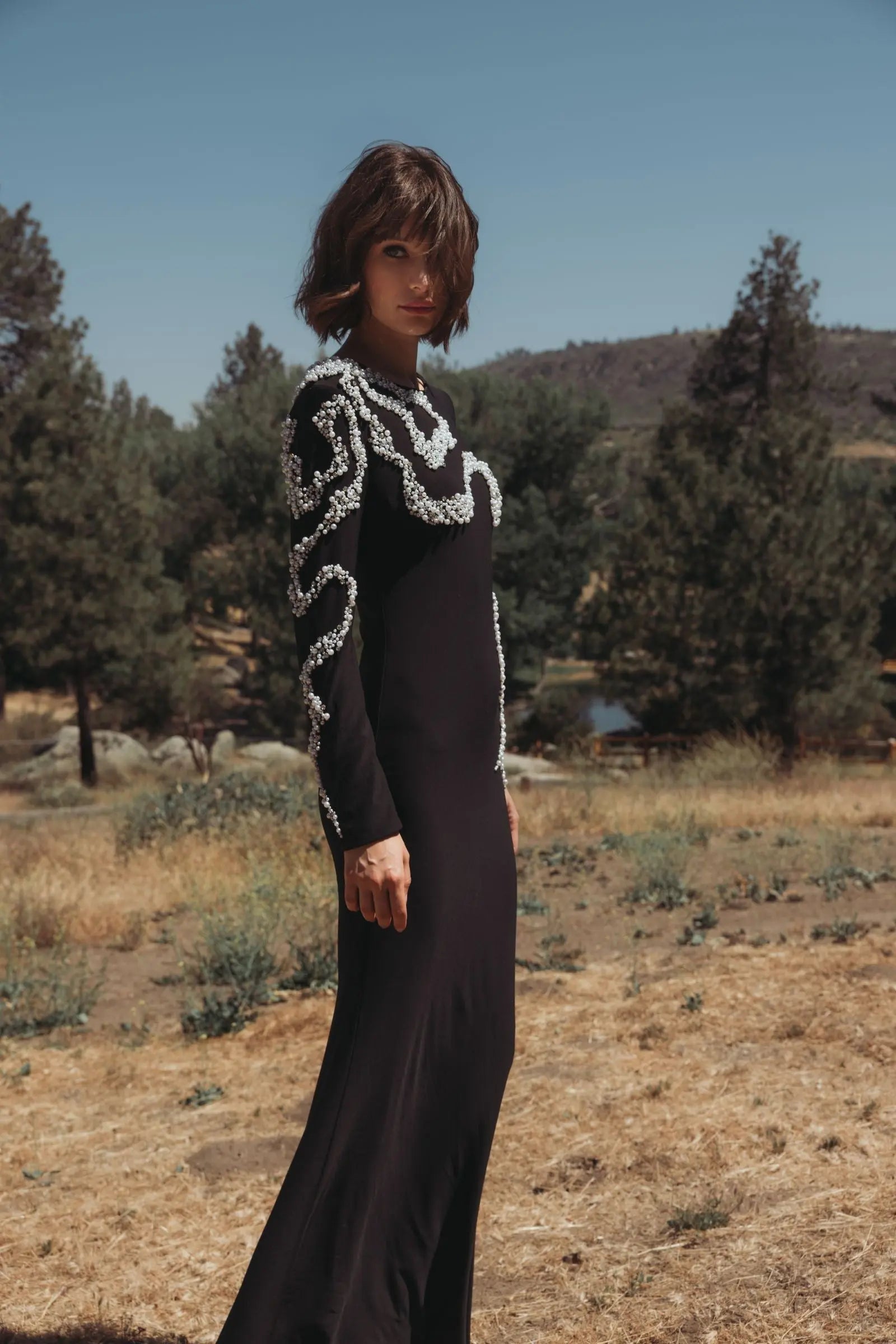 Black Jersey Evening Gown with Beaded Swirl Detail-Myartka