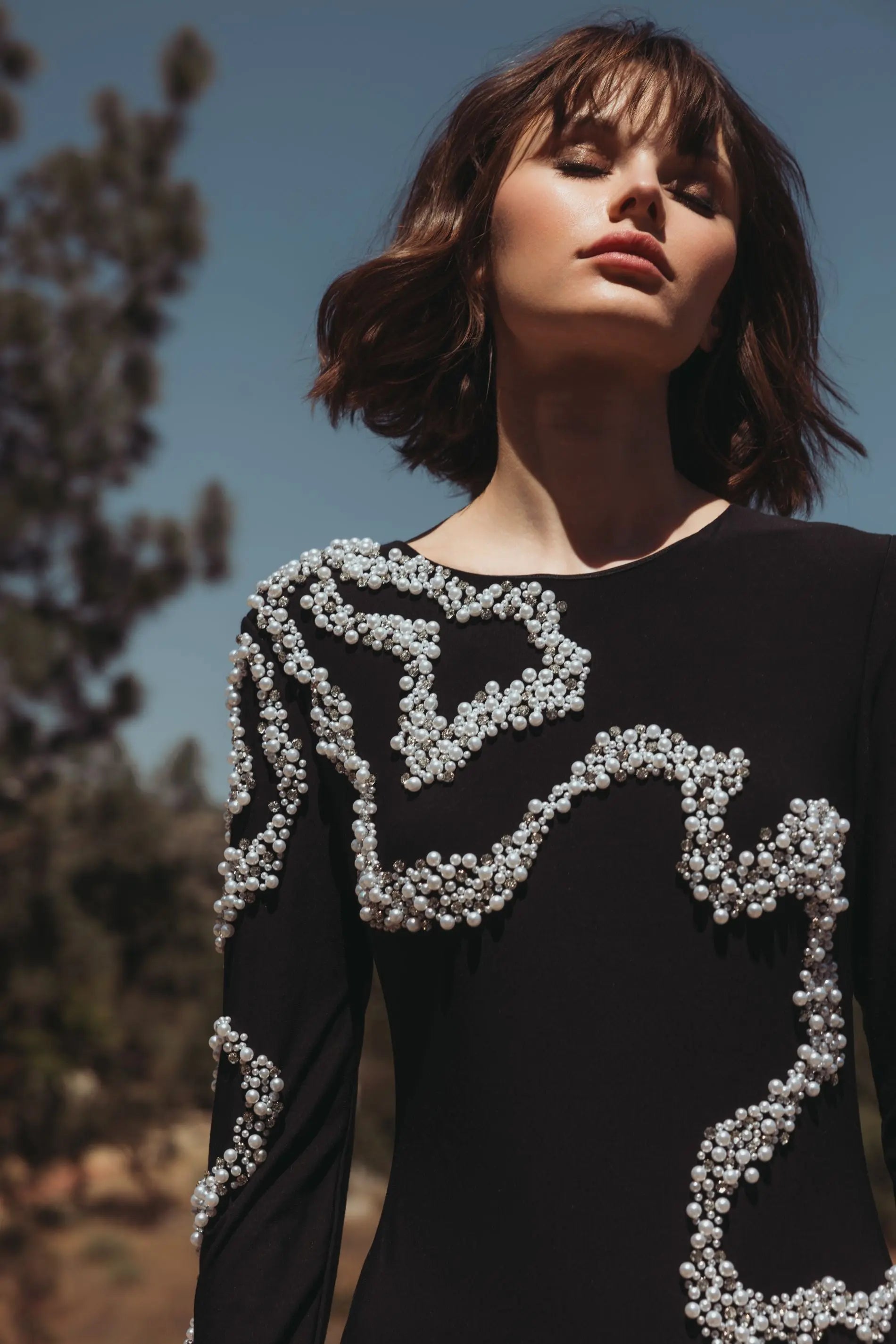 Black Jersey Evening Gown with Beaded Swirl Detail-Myartka