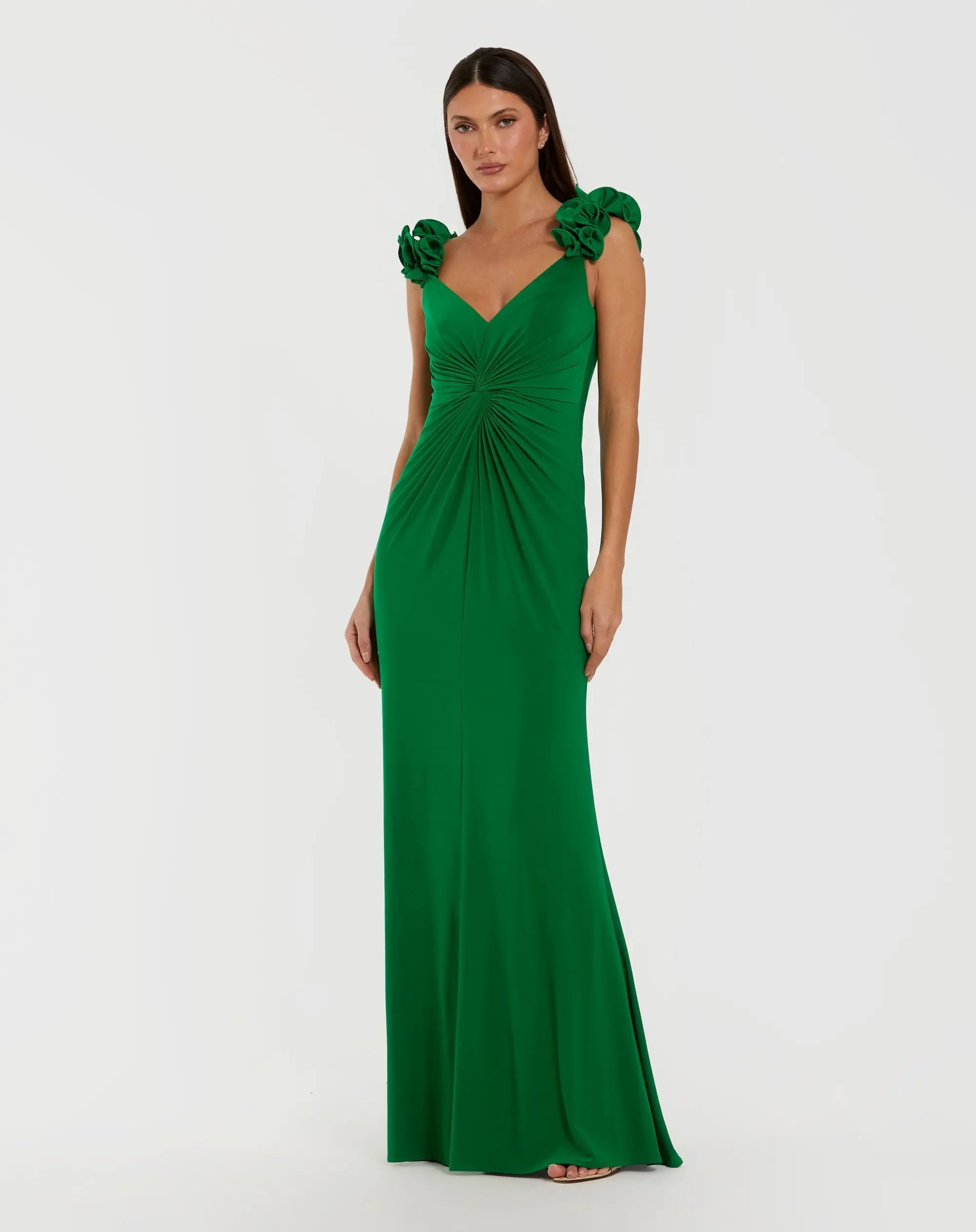 Green Sleeveless V-Neck Gown With Ruffled Straps-Myartka