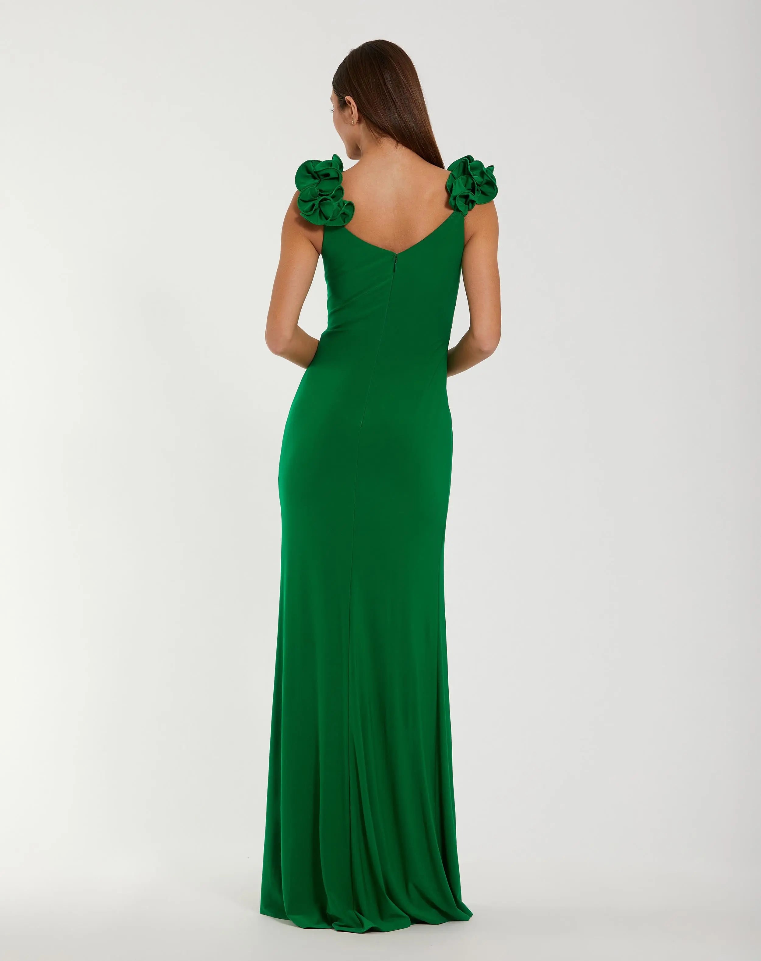 Green Sleeveless V-Neck Gown With Ruffled Straps-Myartka