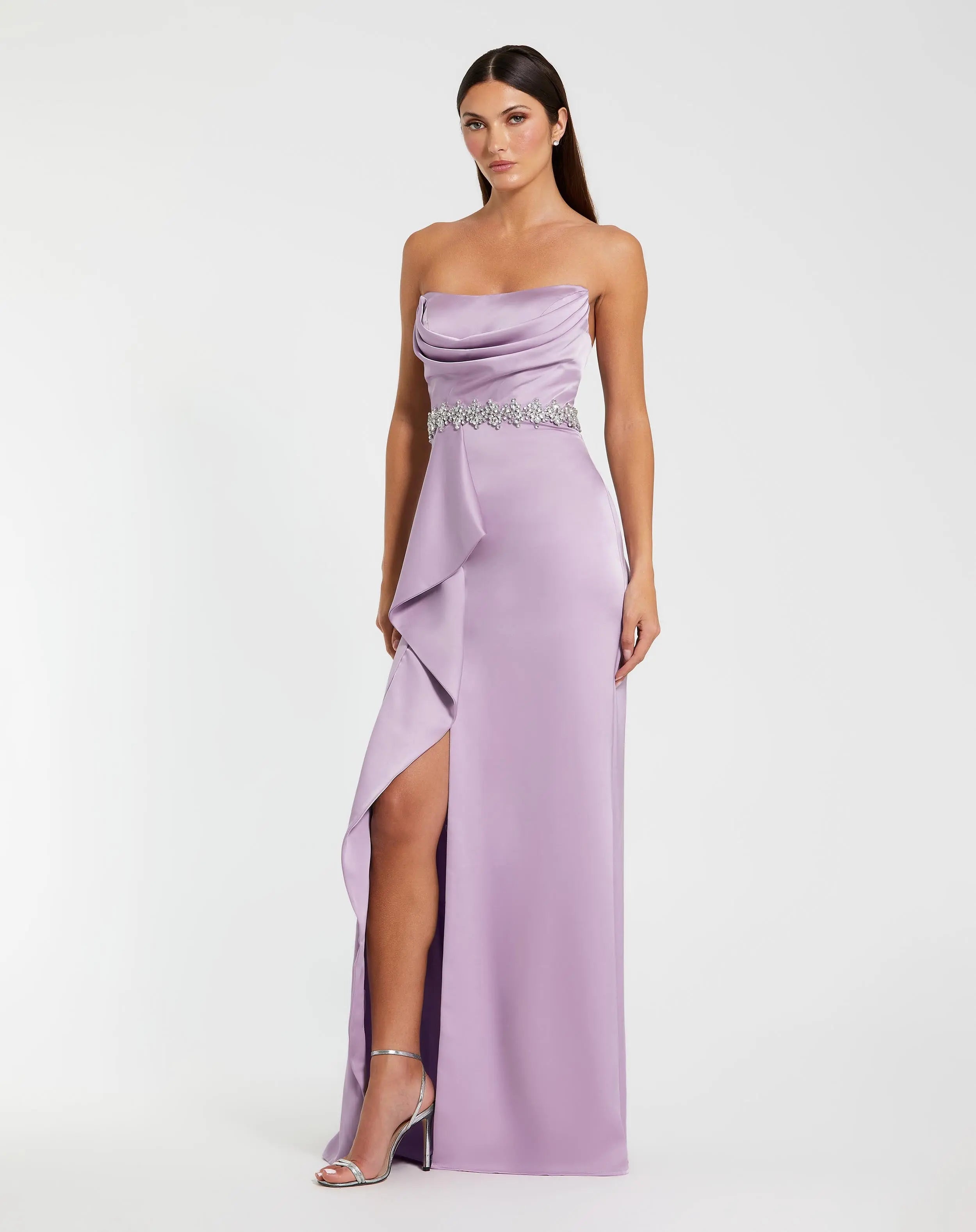 Purple Strapless Satin Gown With Embellished Belt Detail-Myartka