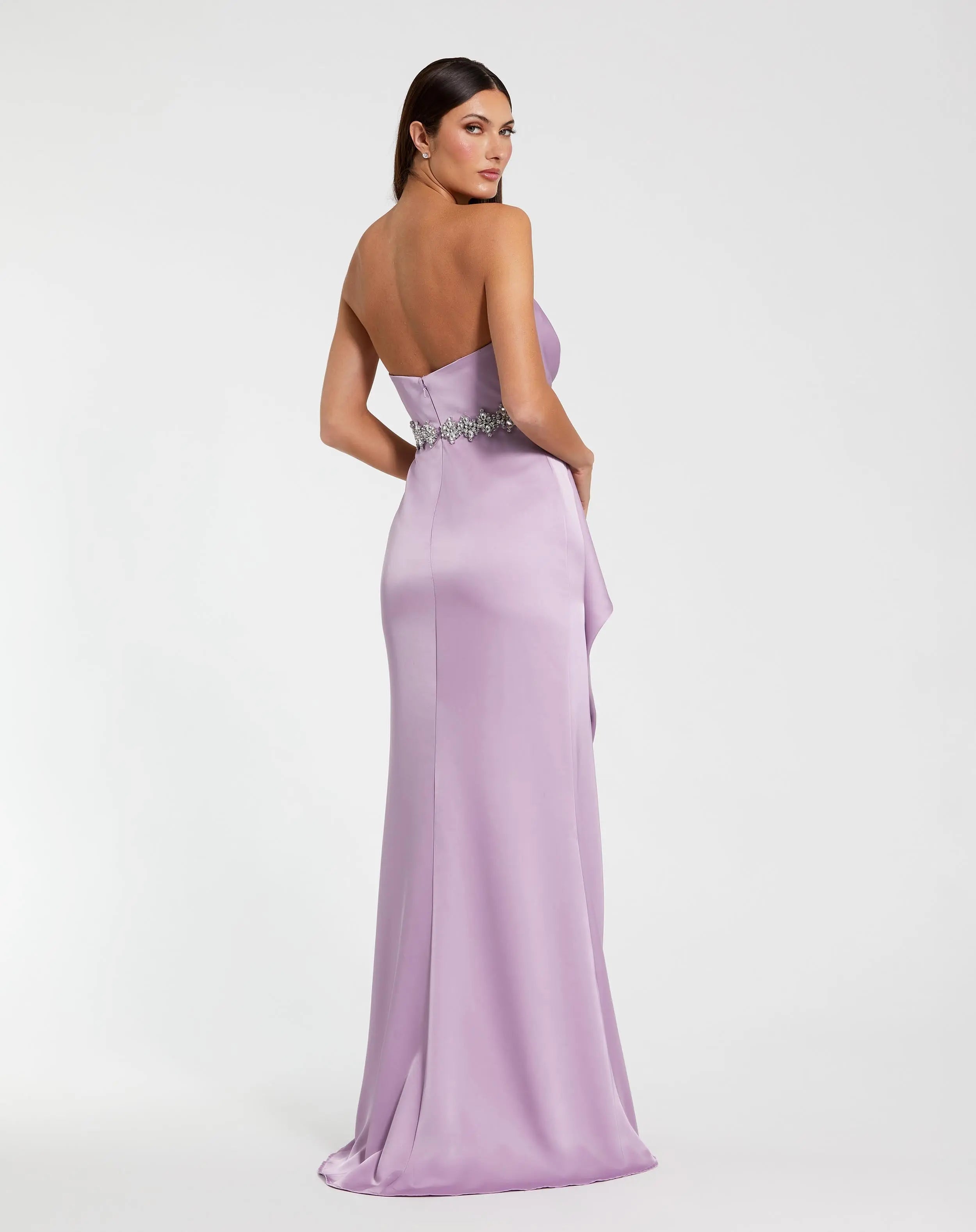 Purple Strapless Satin Gown With Embellished Belt Detail-Myartka
