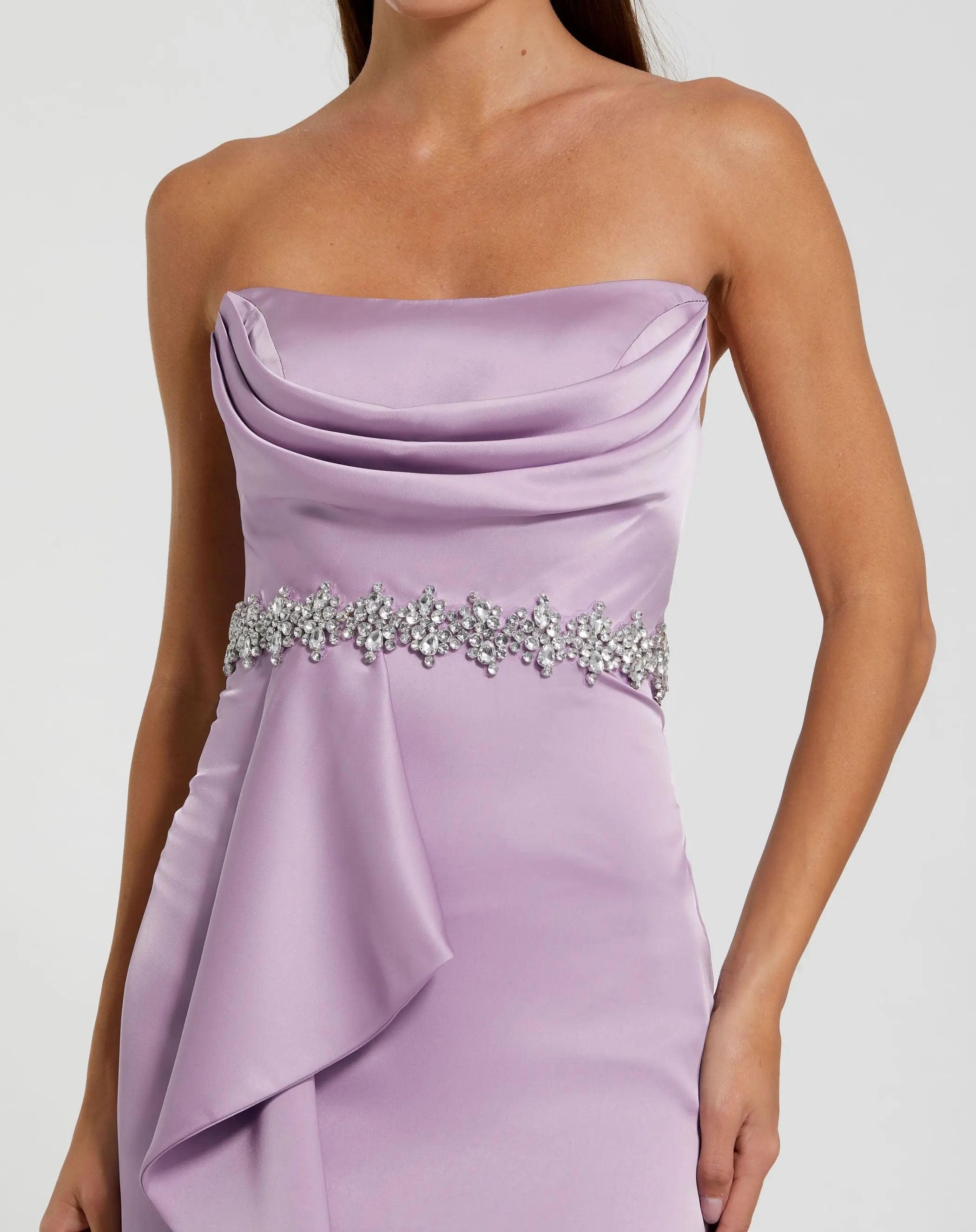 Purple Strapless Satin Gown With Embellished Belt Detail-Myartka