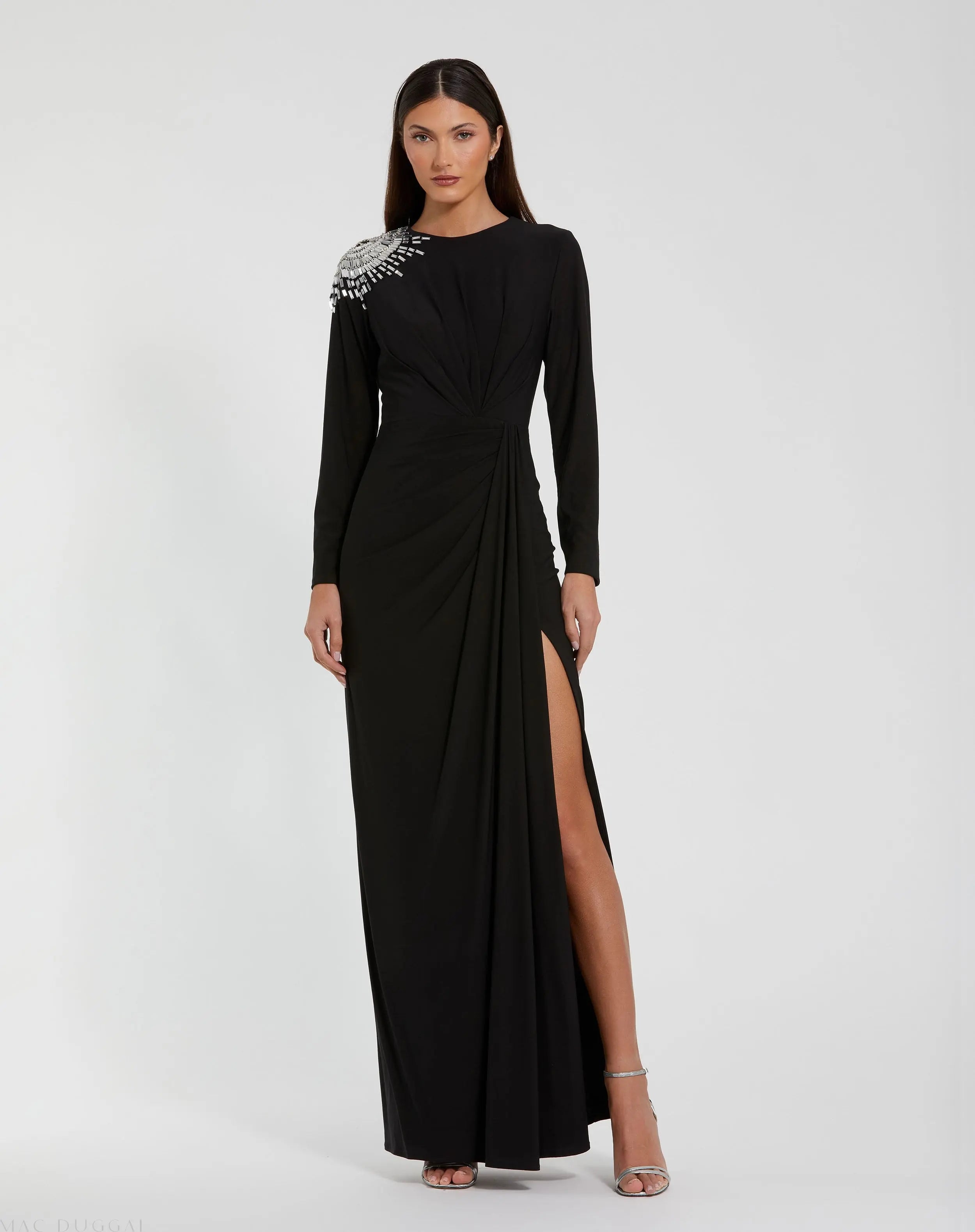 Black Jersey Long Sleeve Wrap Gown With Beaded Shoulder-Myartka