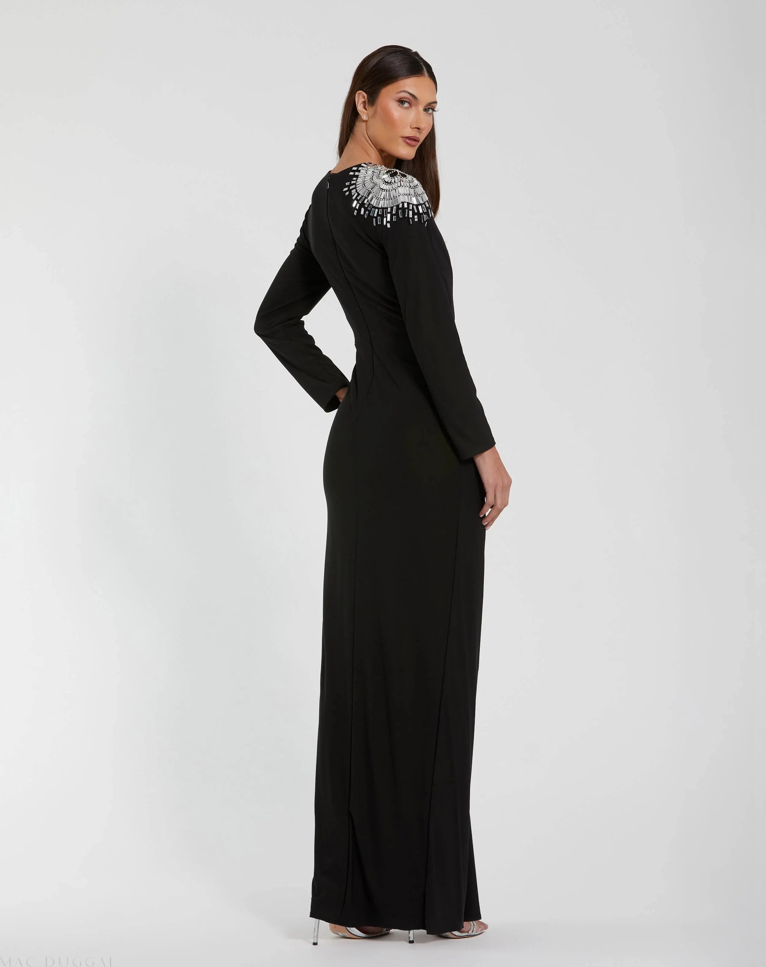 Black Jersey Long Sleeve Wrap Gown With Beaded Shoulder-Myartka