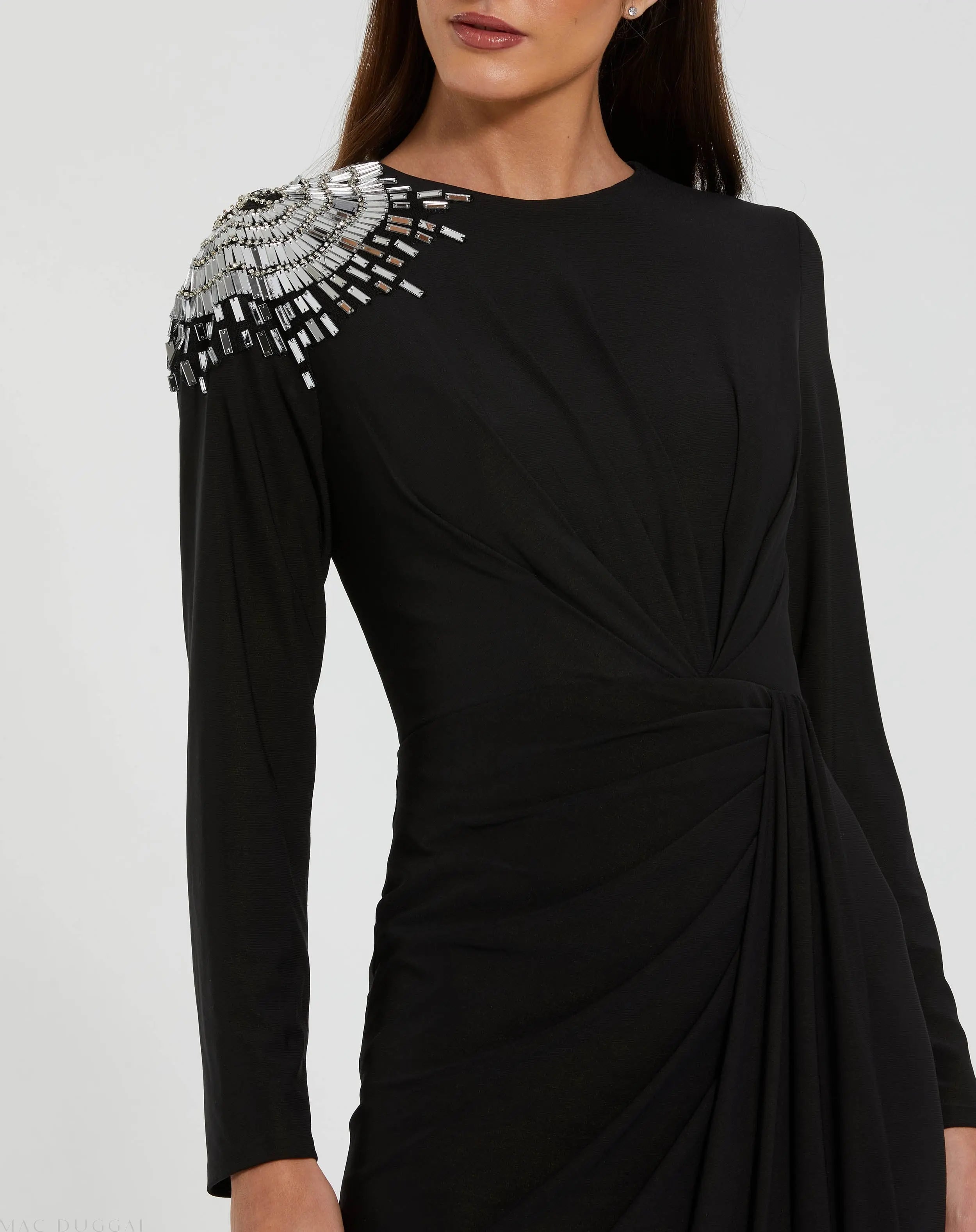 Black Jersey Long Sleeve Wrap Gown With Beaded Shoulder-Myartka