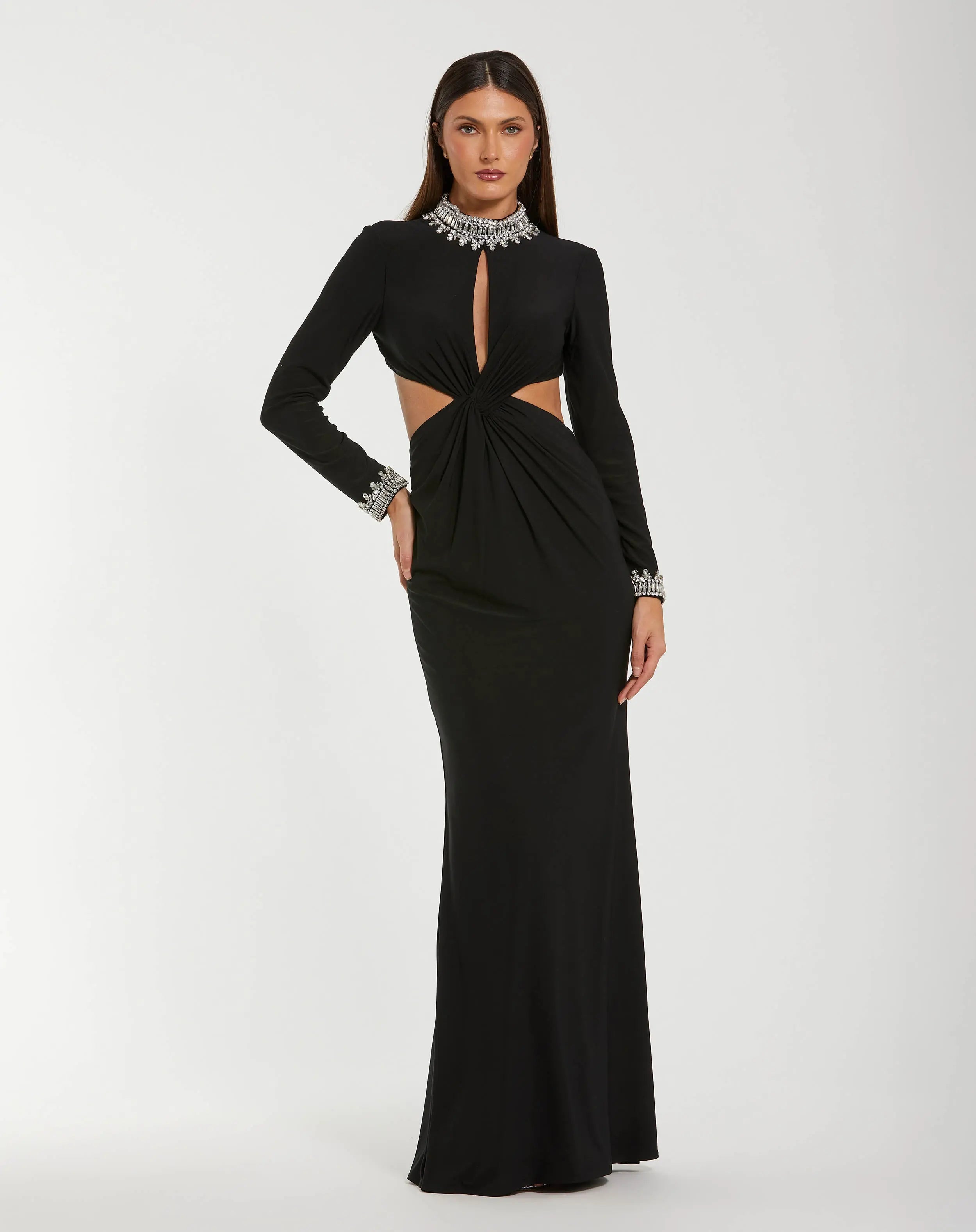 Black Embellished Jersey Long Sleeve Cut Out Evening Gown-Myartka