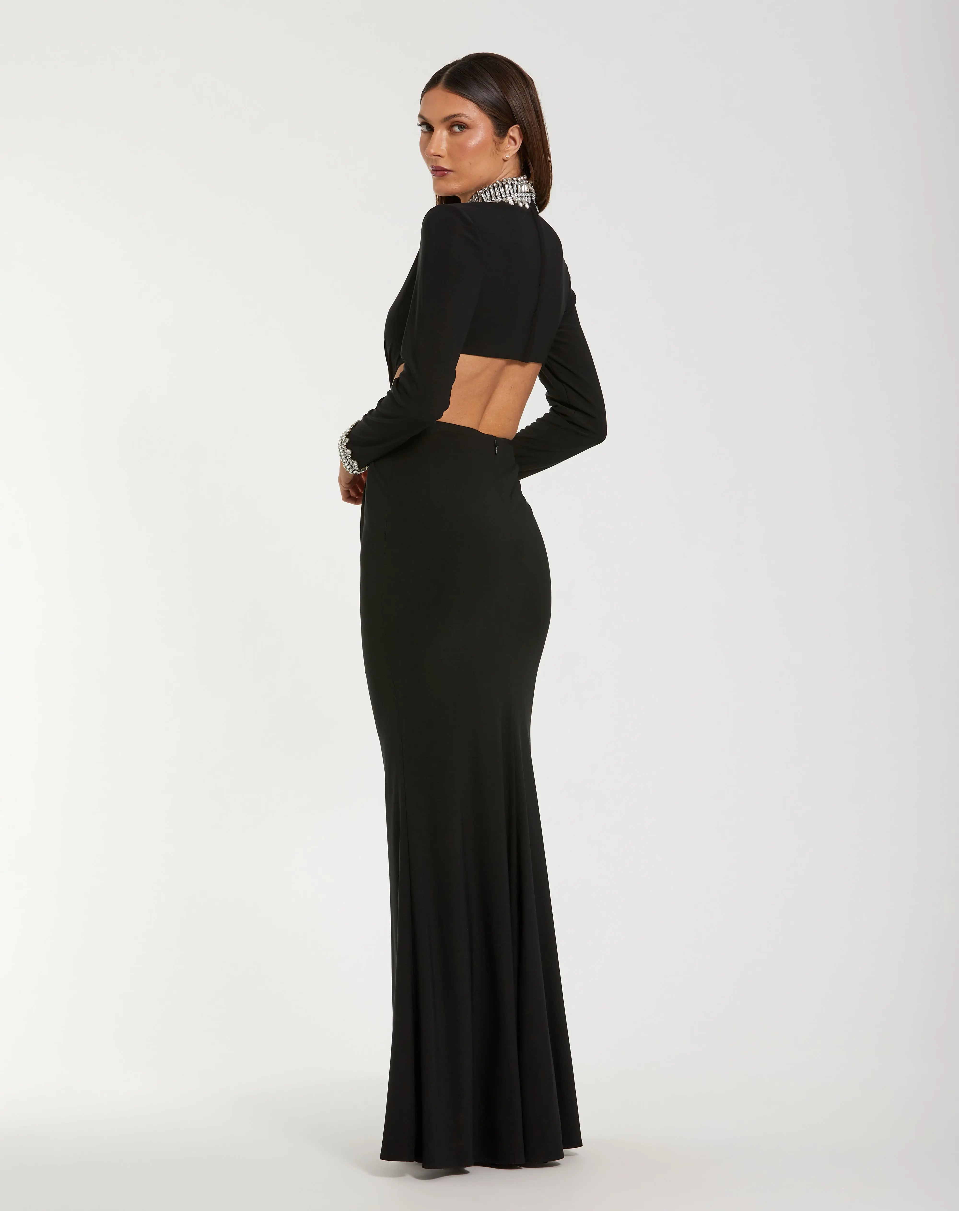 Black Embellished Jersey Long Sleeve Cut Out Evening Gown-Myartka