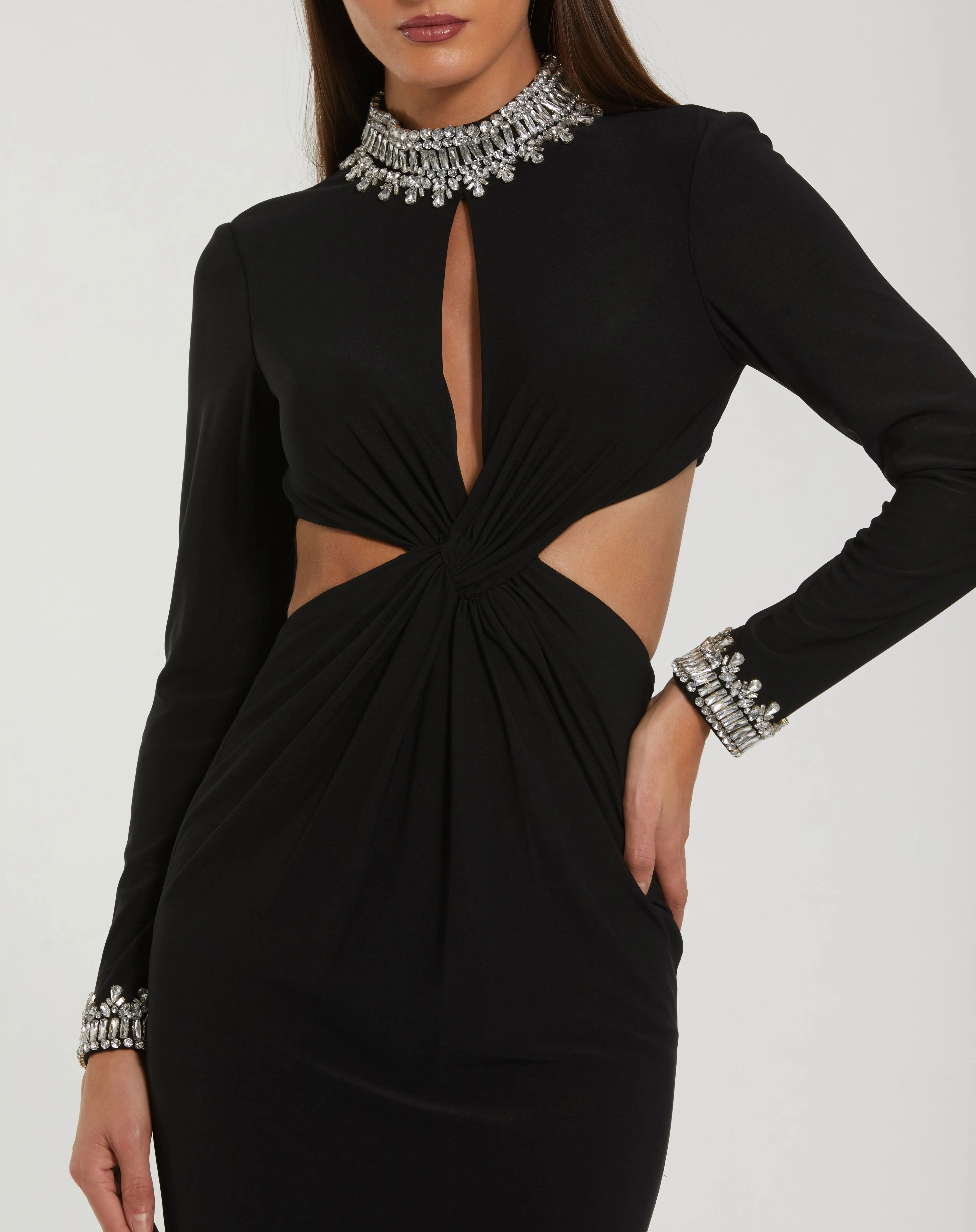 Black Embellished Jersey Long Sleeve Cut Out Evening Gown-Myartka
