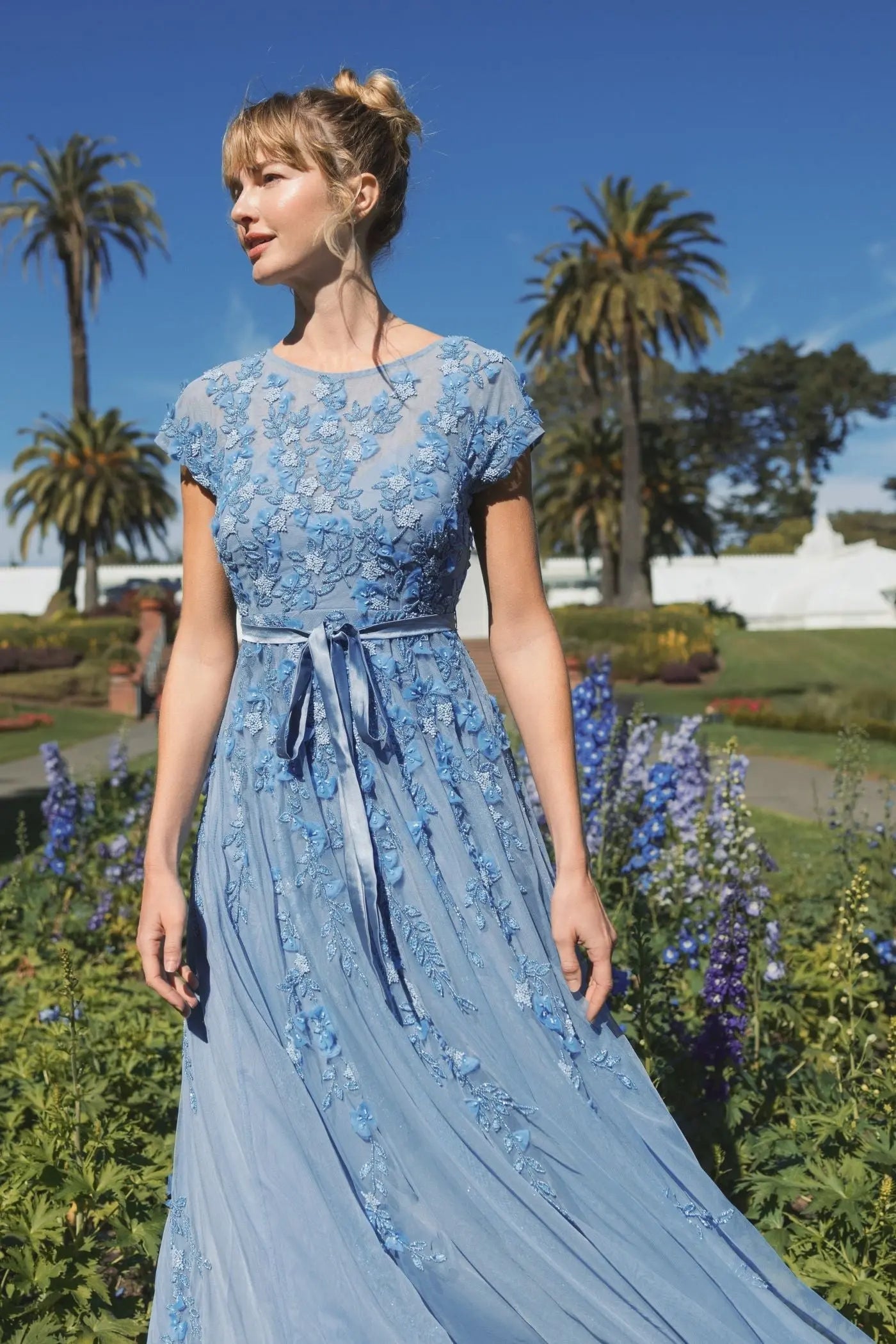 Blue Floral Embellished Cap Sleeve Gown-Myartka