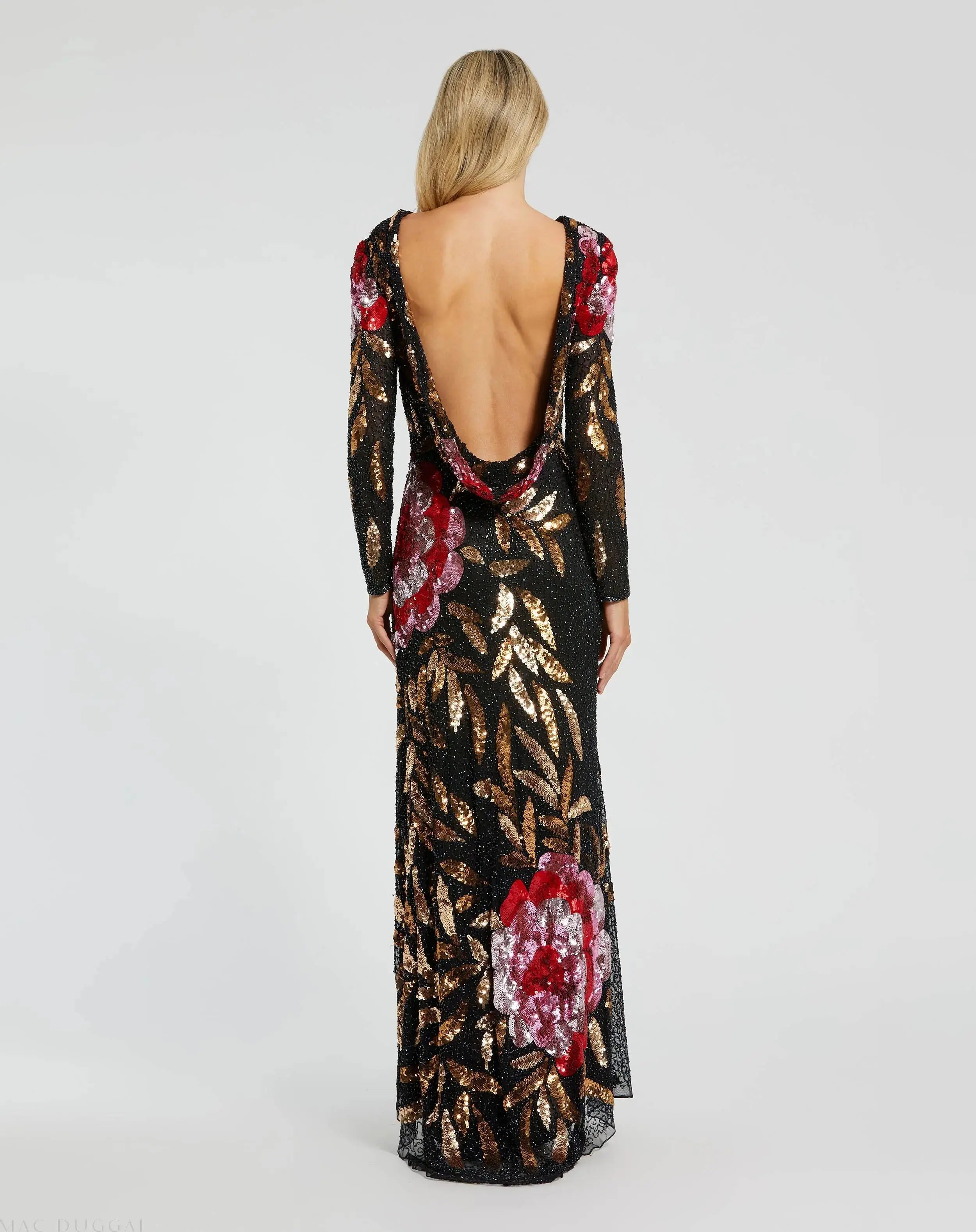 Black Embellished Floral Long Sleeve Backless Gown-Myartka