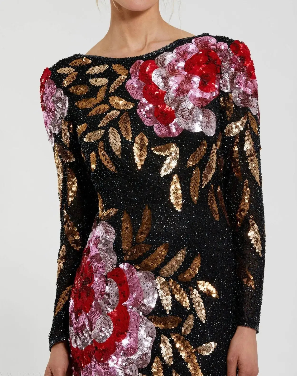Black Embellished Floral Long Sleeve Backless Gown-Myartka