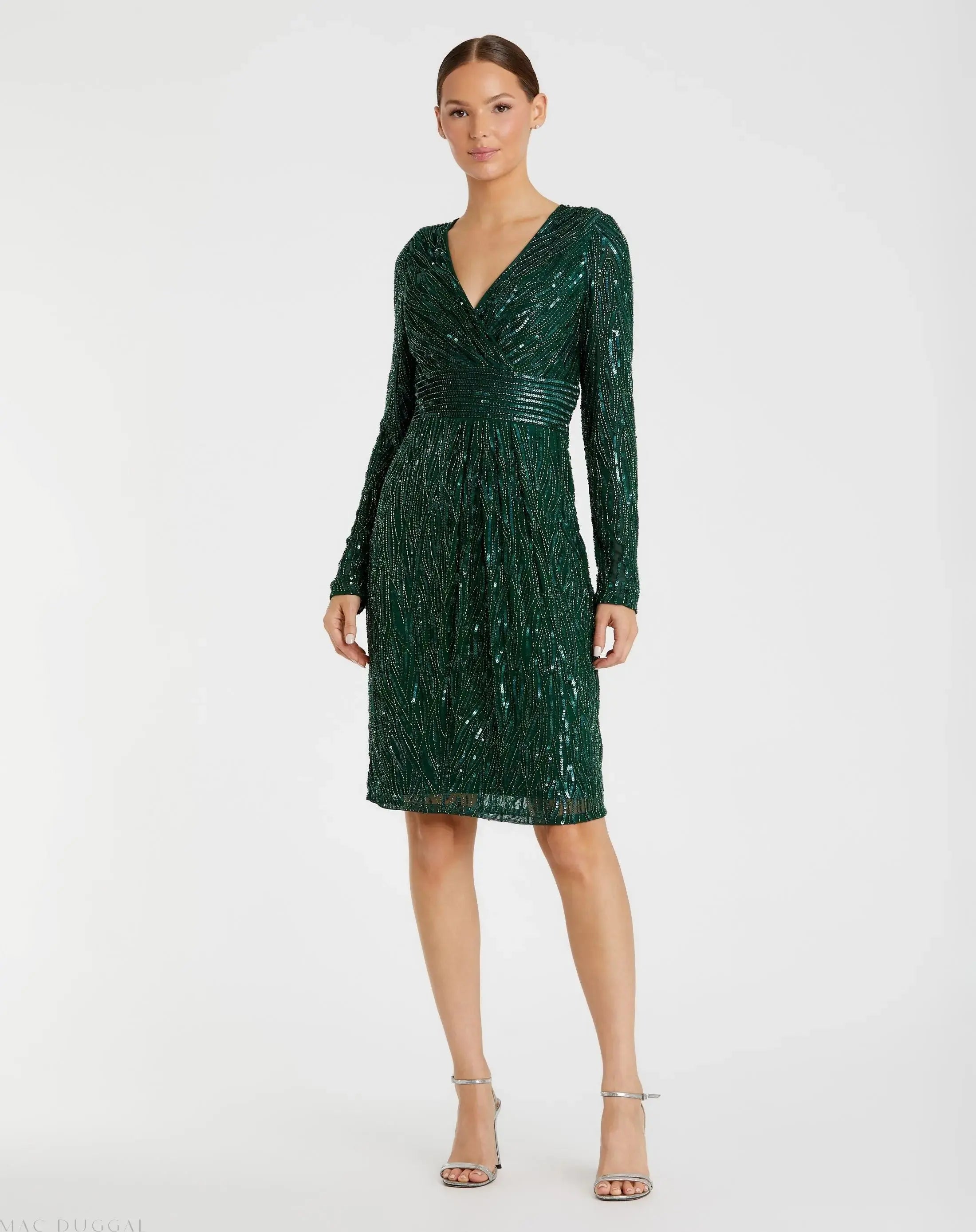 Long Sleeve Embellished Sequin Cocktail Dress-Myartka