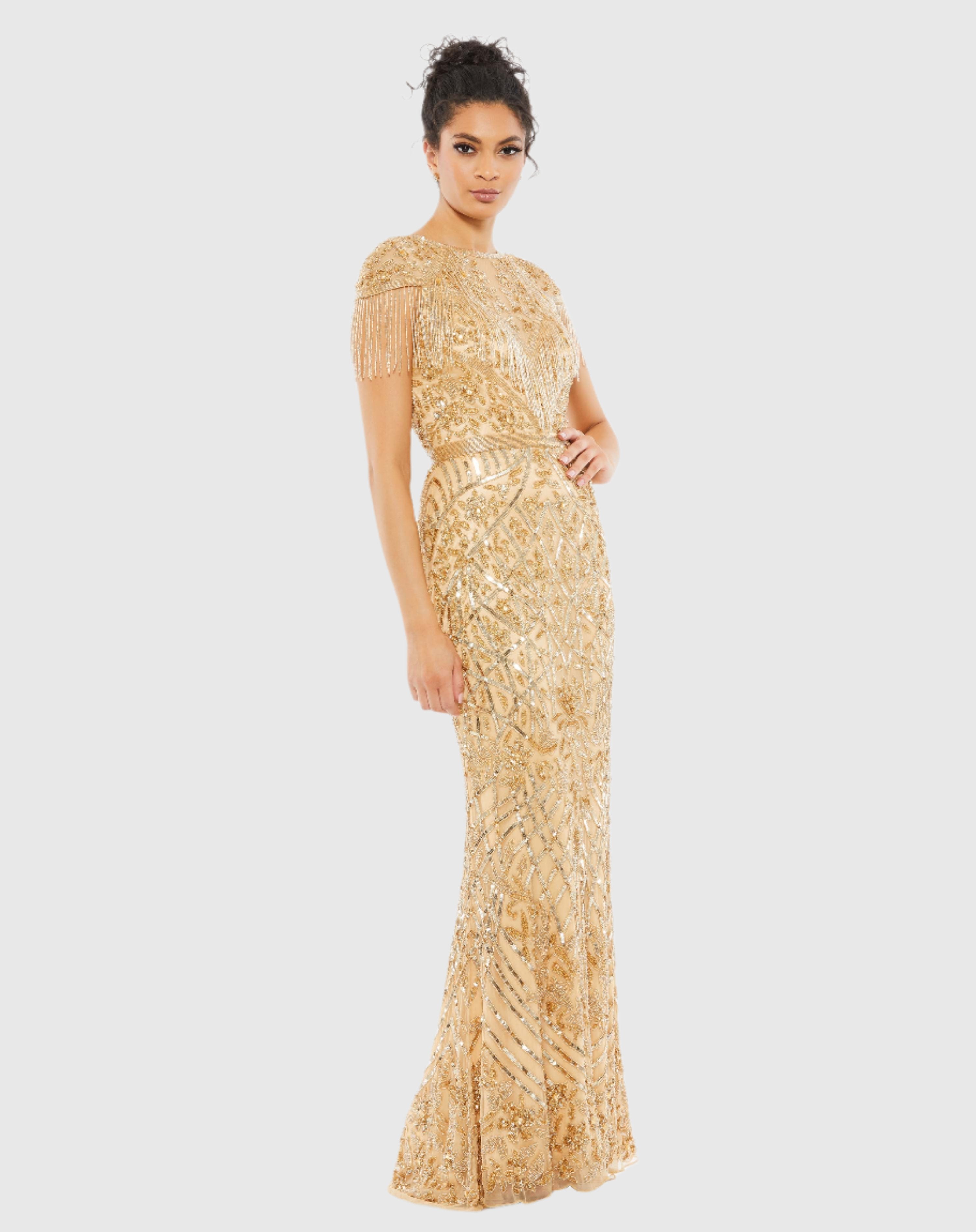 Gold Embellished Fringe Cap Sleeve Trumpet Gown-Myartka