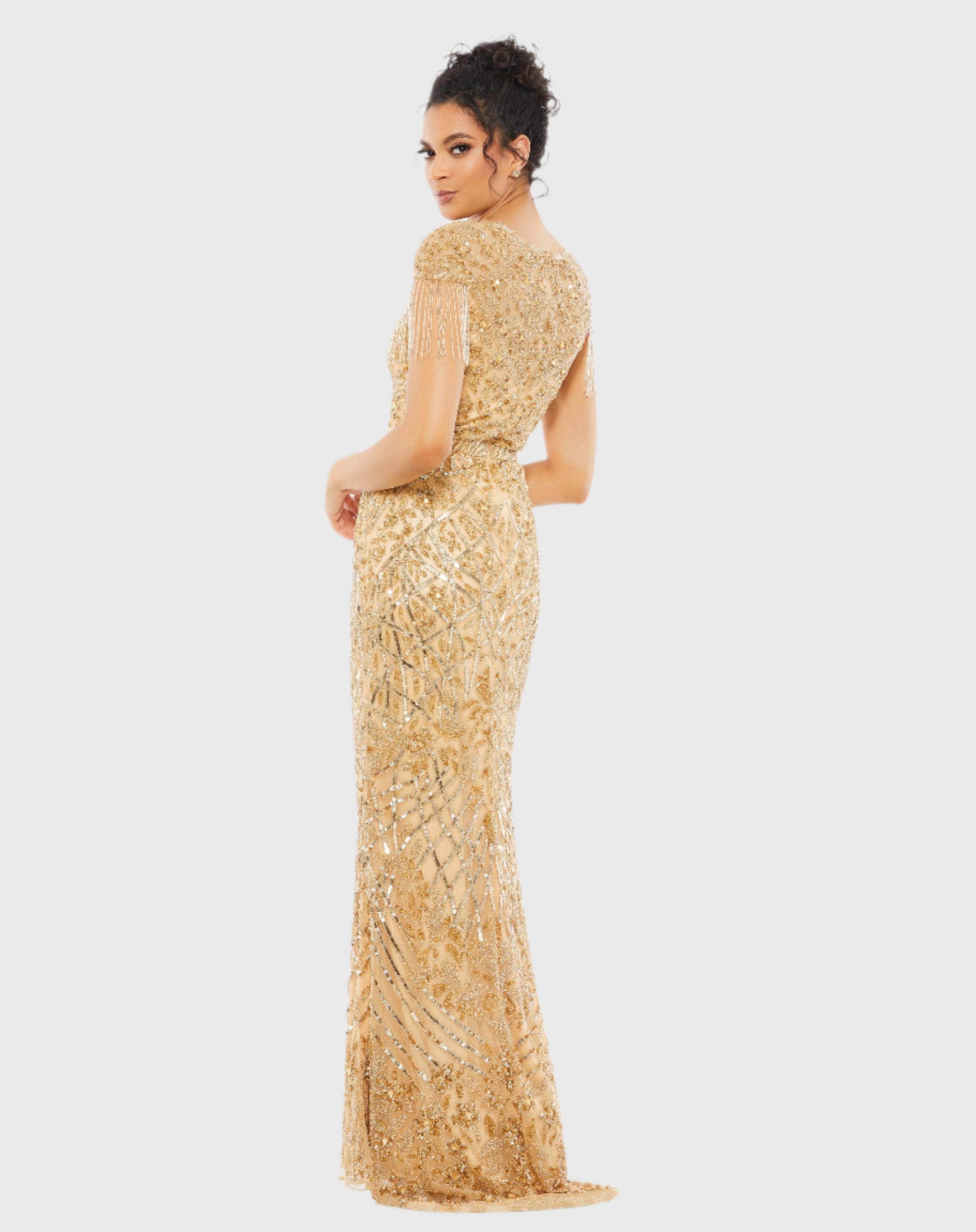 Gold Embellished Fringe Cap Sleeve Trumpet Gown-Myartka