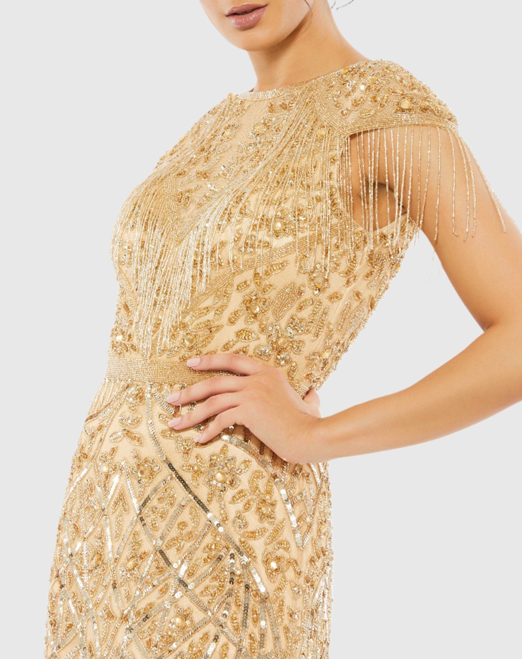 Gold Embellished Fringe Cap Sleeve Trumpet Gown-Myartka