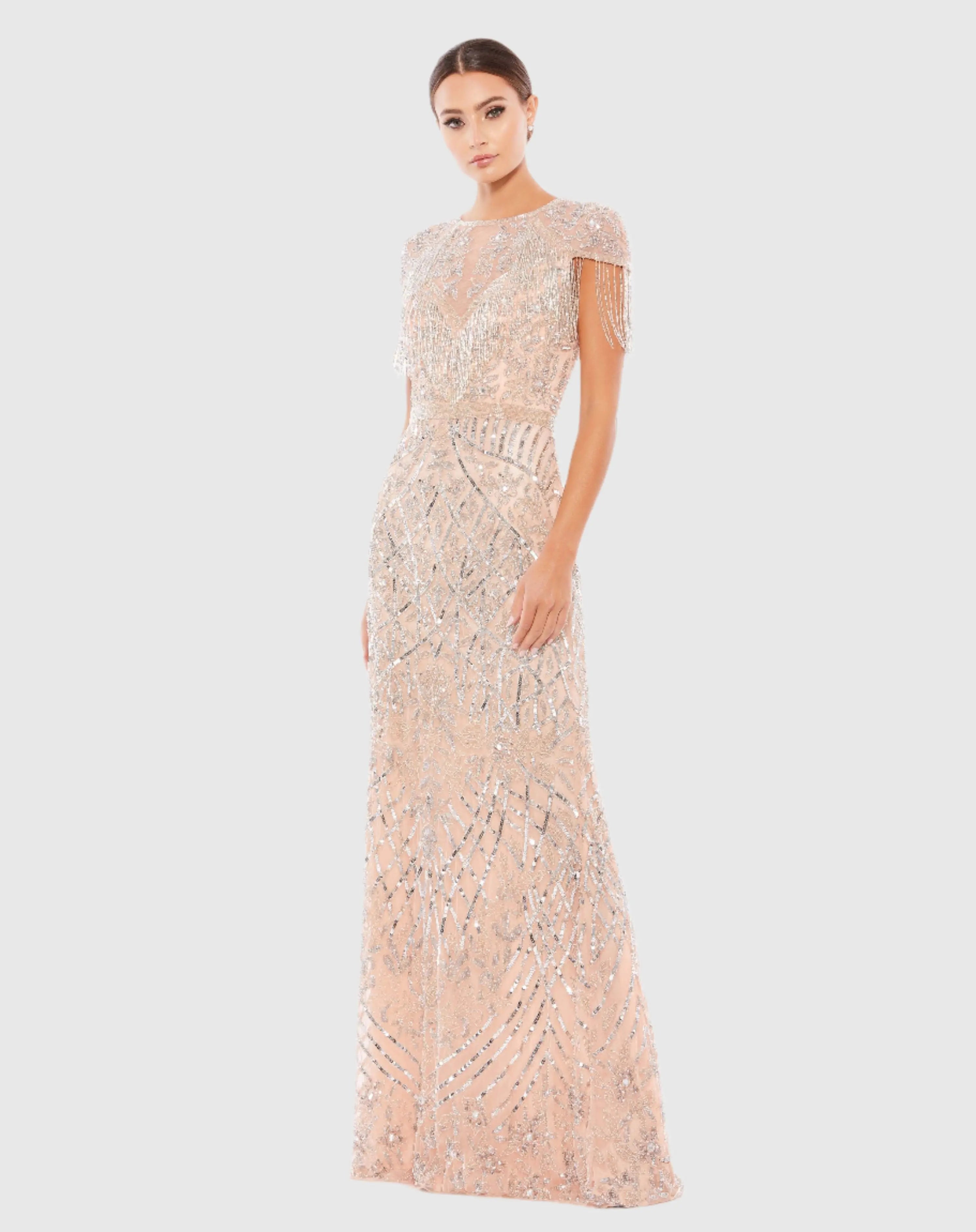 Pink Embellished Fringe Cap Sleeve Trumpet Gown-Myartka