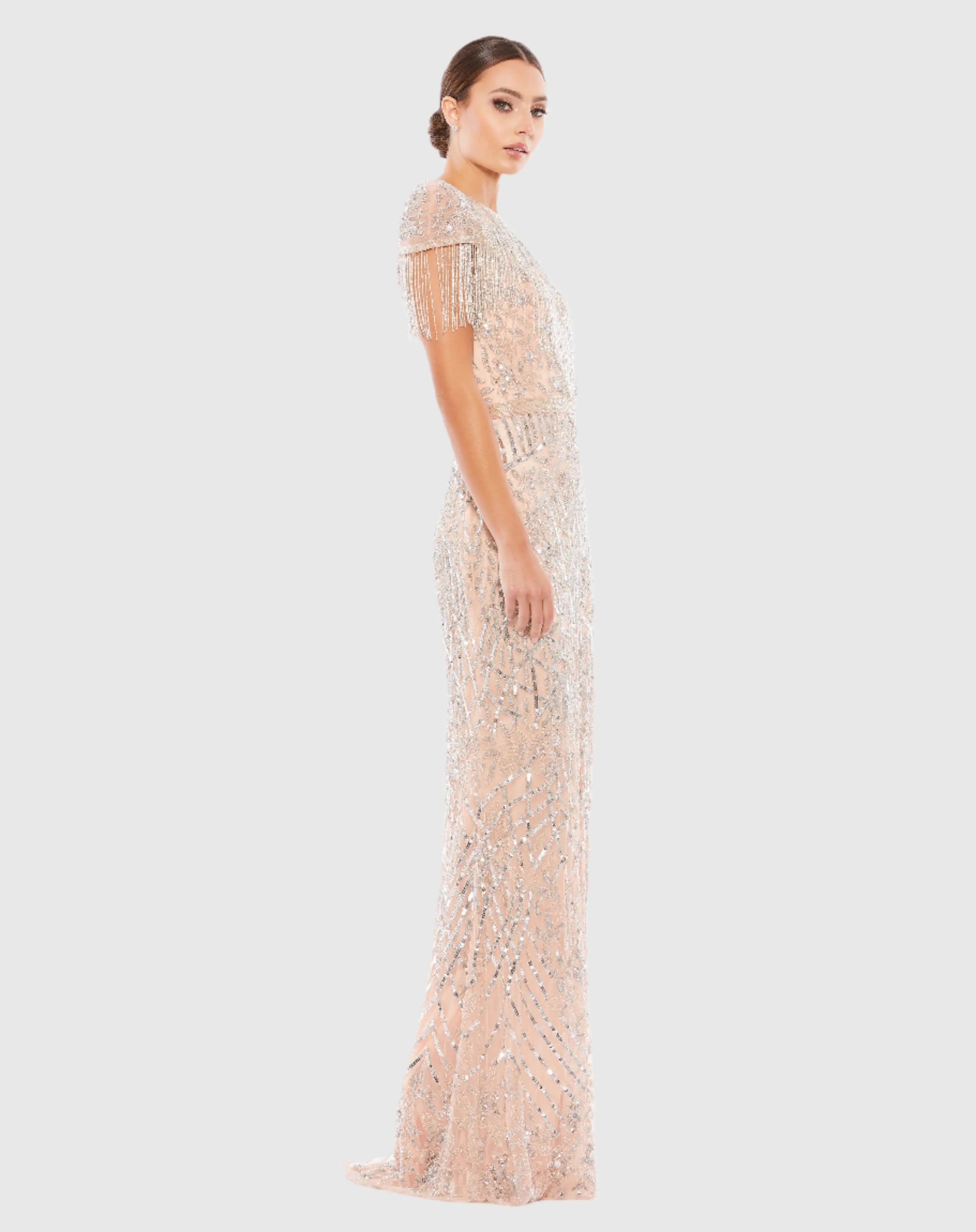 Pink Embellished Fringe Cap Sleeve Trumpet Gown-Myartka