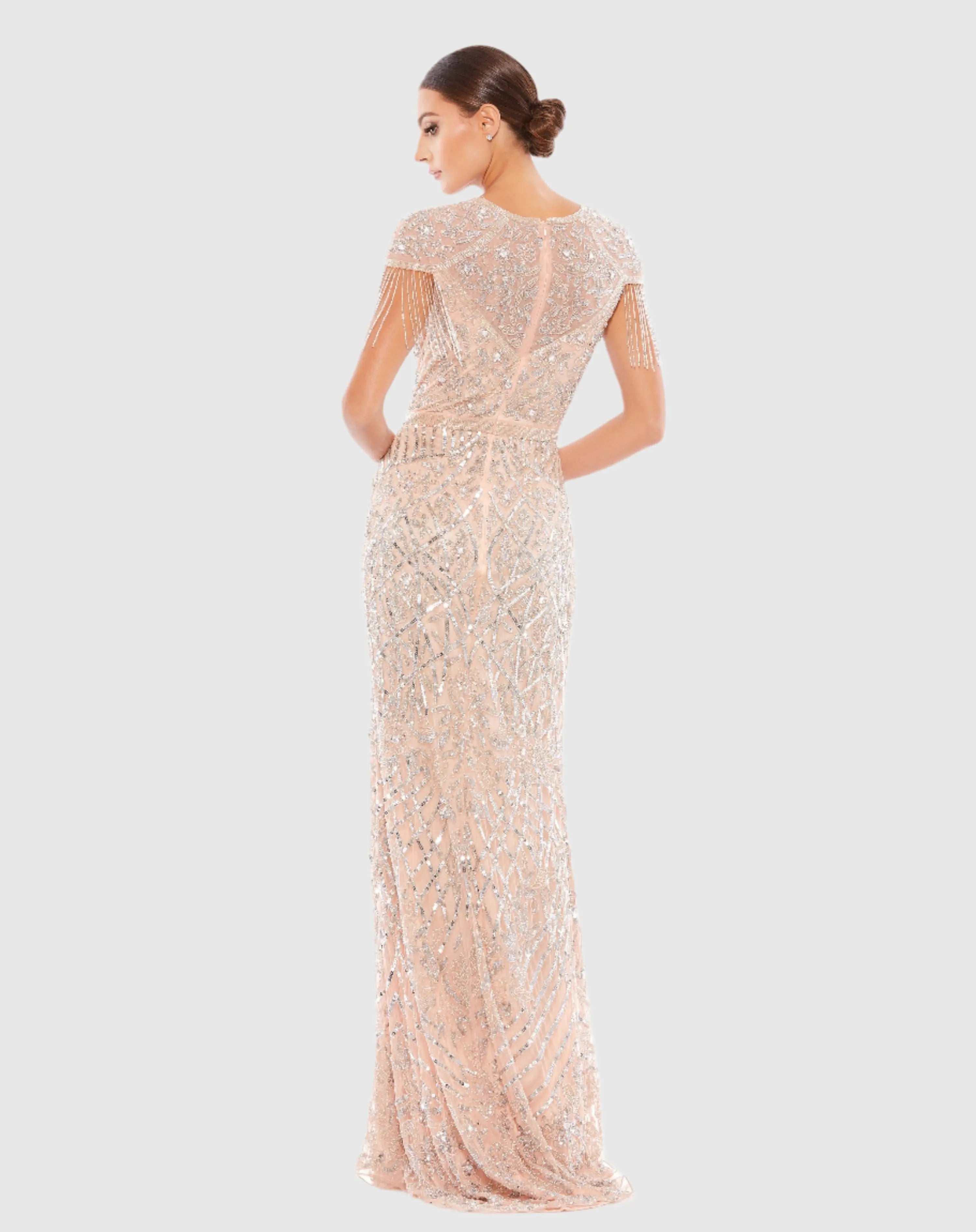 Pink Embellished Fringe Cap Sleeve Trumpet Gown-Myartka