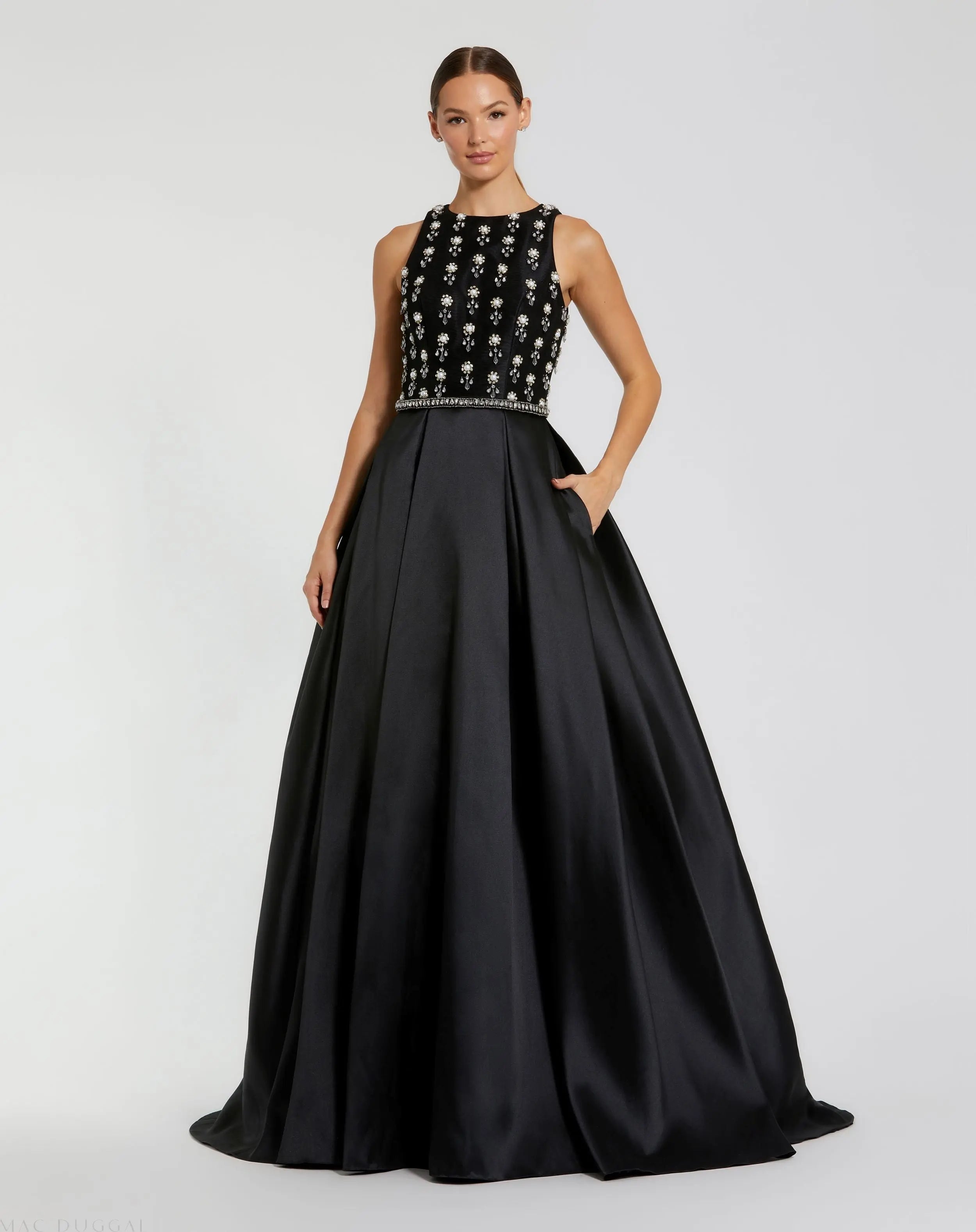 Black High Neck Sleeveless Beaded Ball Gown-Myartka