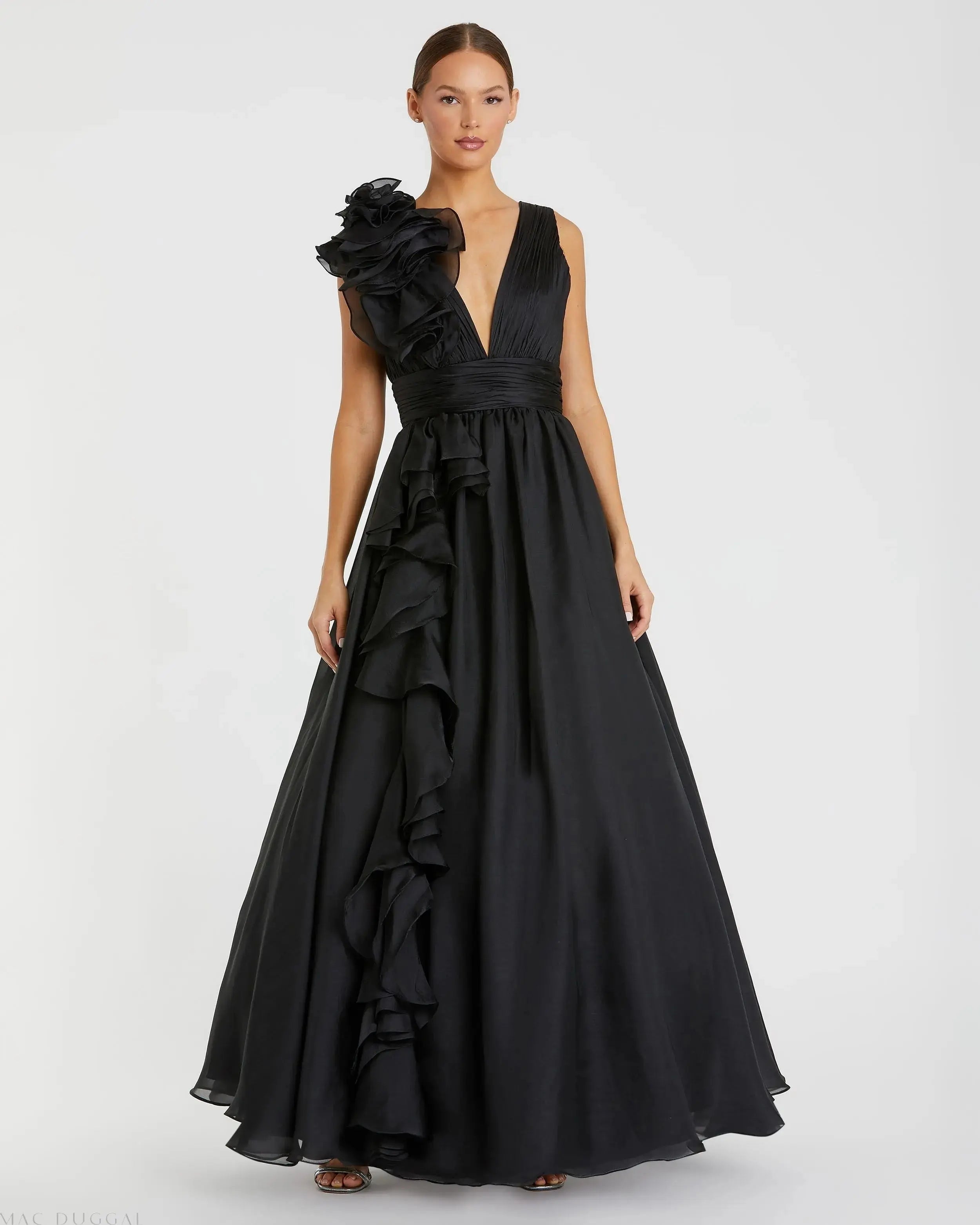 Black Ruffle Shoulder V-Neck Chiffon Gown-Myartka